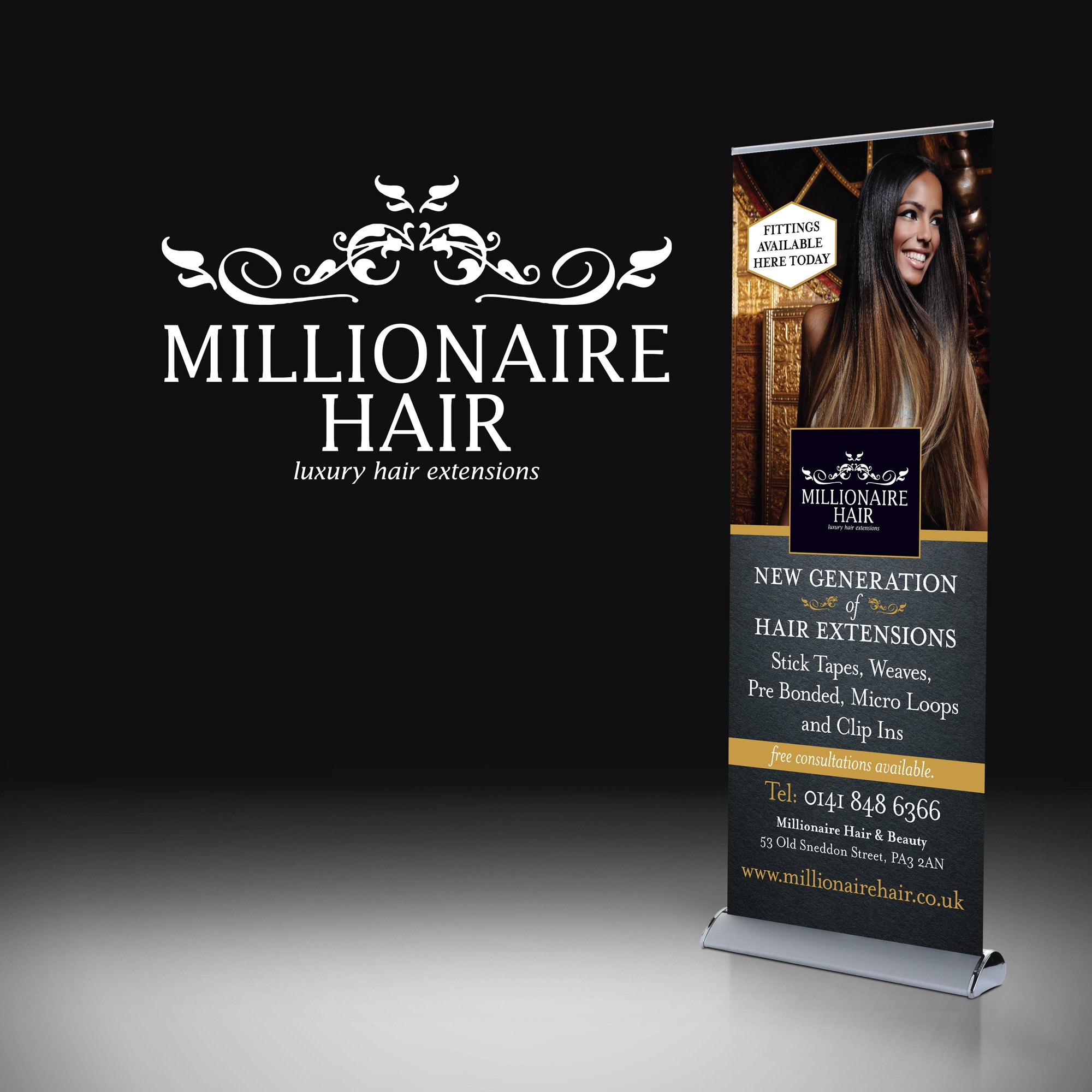 A promotional banner for Millionaire Hair showcasing their luxury hair extensions. The banner features a smiling woman with long hair, information about hair extension options like tape-ins, weaves, pre-bonded, micro loops, and clip-ins, and contact 