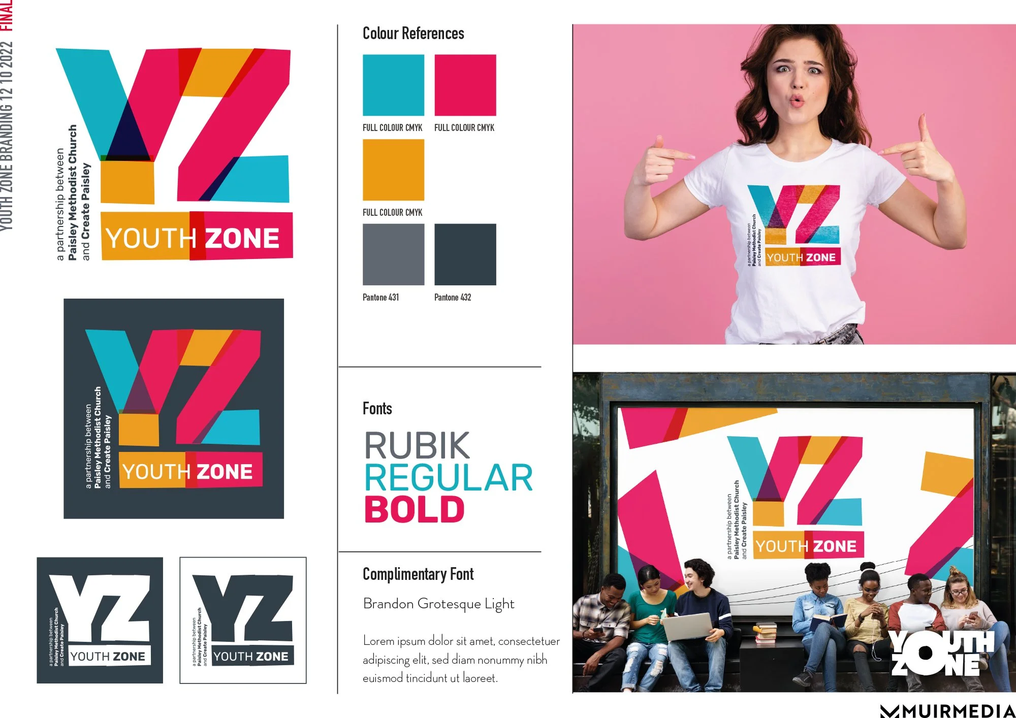 A branding style guide for Youth Zone featuring colorful logo variations, color palette, typography, and photos of young people using the branding in various settings.