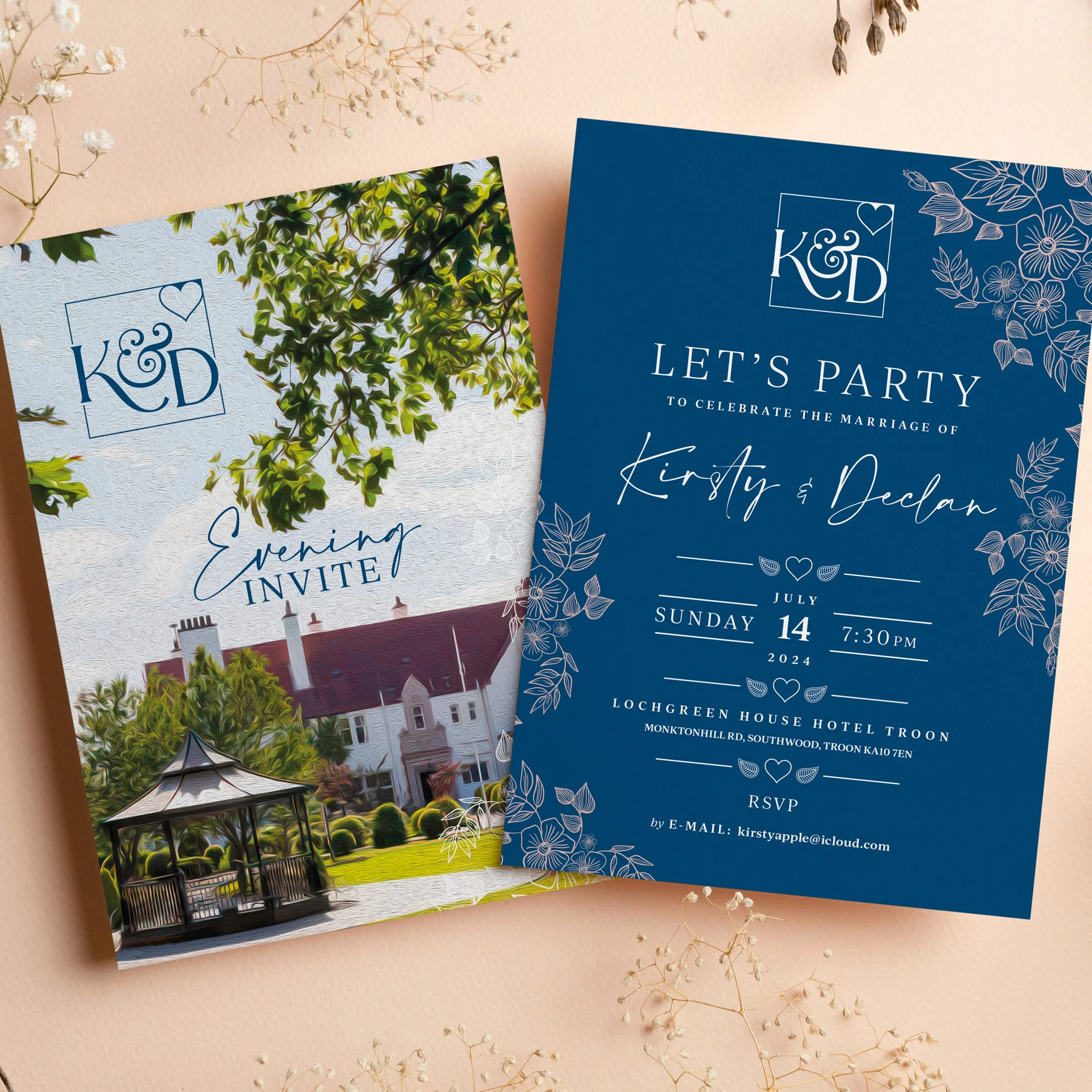Wedding invitation and evening invite cards for Kirsty and Declan's wedding with floral and house graphics.