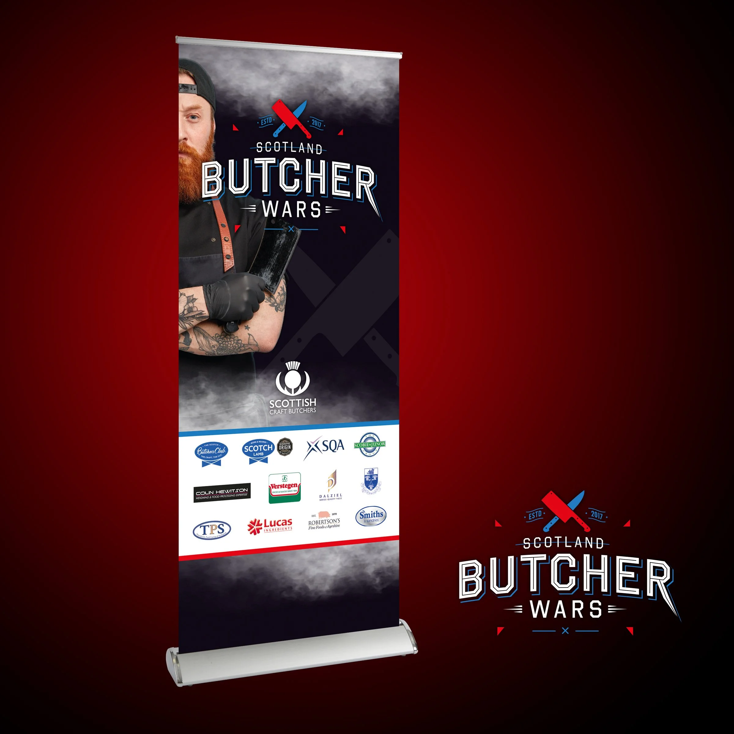 A promotional banner for Scotland Butcher Wars featuring a bearded man in black gloves holding a cleaver, with a dark background and various sponsor logos at the bottom.