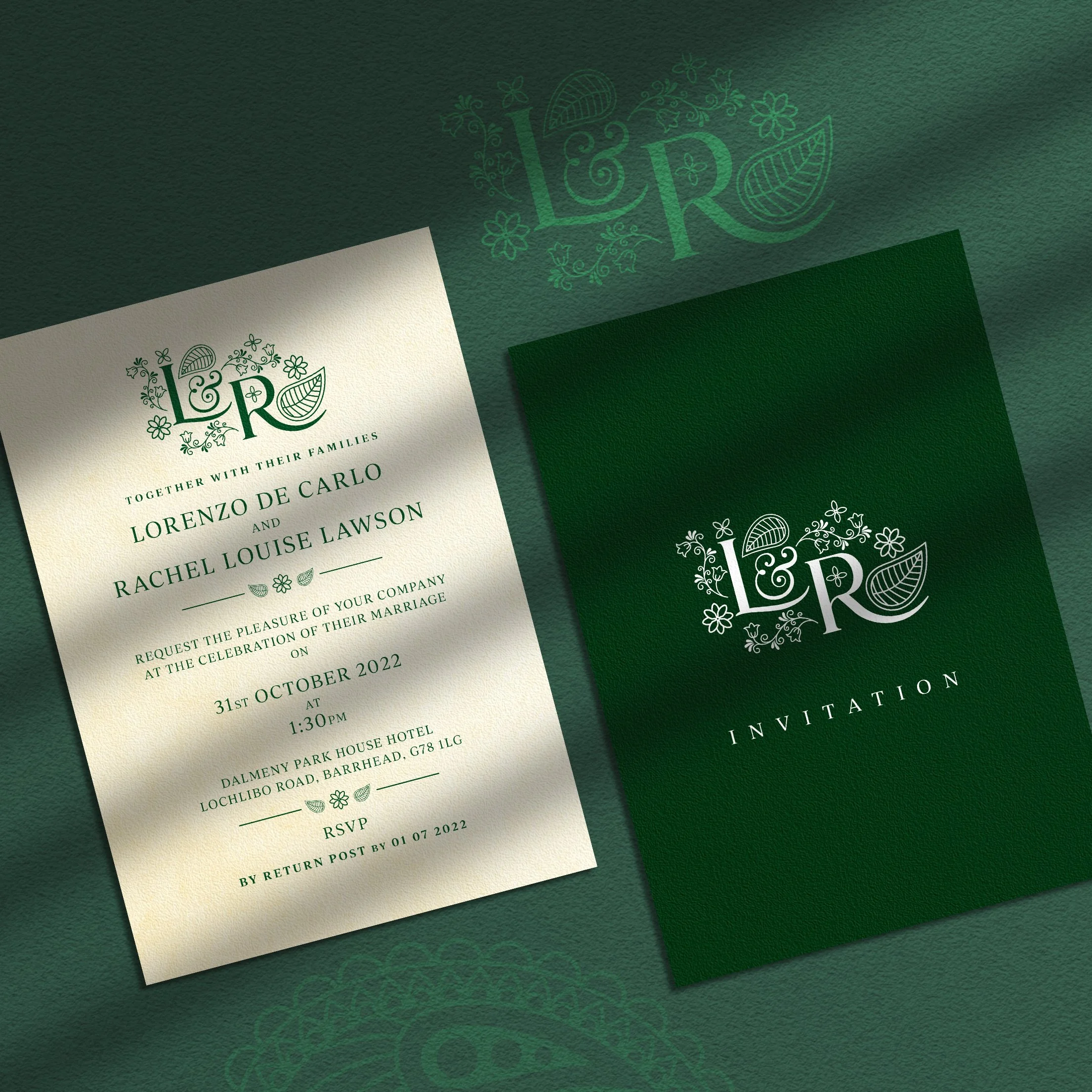 Green and white wedding invitation set featuring floral and leaf designs around the word "L&R." The set includes an invitation card with details of the wedding and a matching RSVP card.