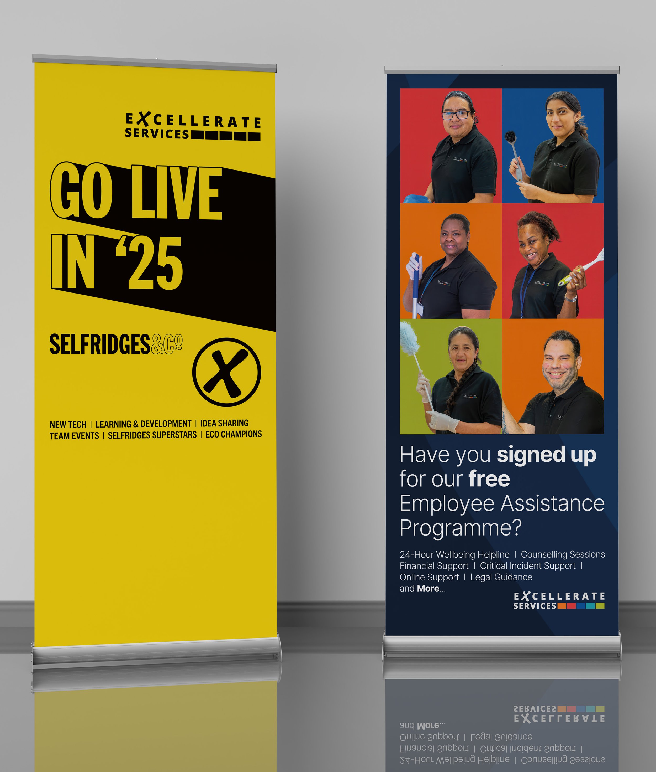 Two vertical banners promote services offered by Excellerate Services. The yellow banner on the left features bold black and white text that says, "Go Live in '25," with a subtitle for Selfridges & Co and additional details about training, developmen