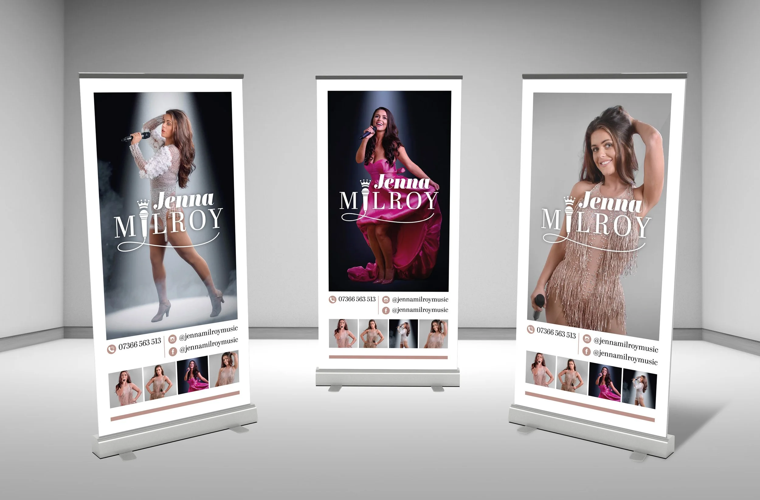 Three pop-up banners featuring a female singer, Jenna Milroy, in different outfits and poses, with her contact information and social media handles at the bottom.