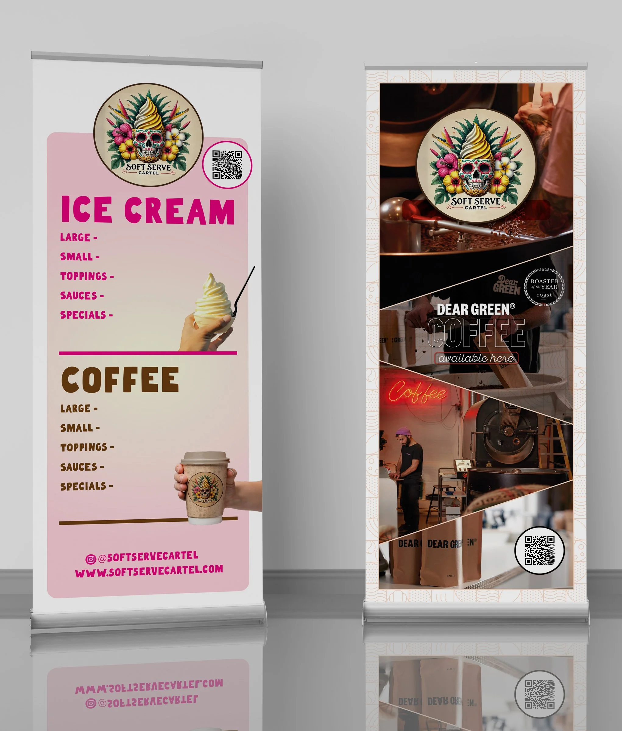 Two vertical banners advertising ice cream and coffee from Soft Serve Cartel. The left banner features pink and brown text with images of a soft serve ice cream cone and a coffee cup, along with a logo of a decorated skull with flowers. The right ban