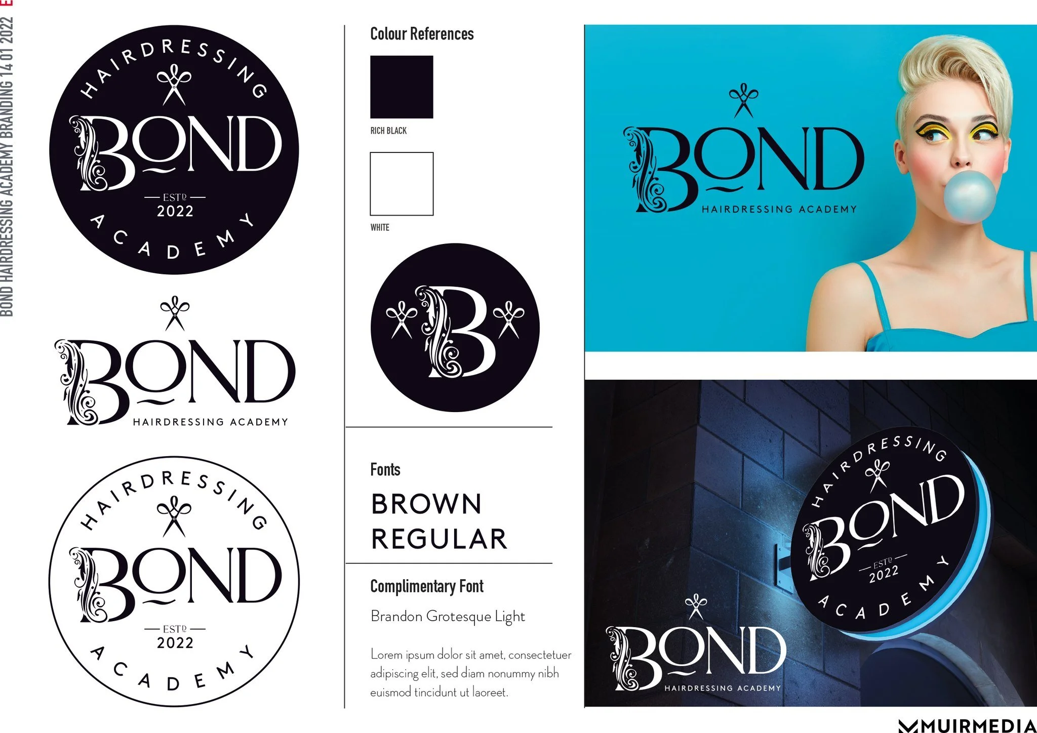 Branding image for Bond Hairdressing Academy, showcasing logo variations, color references, fonts, and branding visuals including a woman with a blonde hairstyle, bubblegum, and a neon sign of the logo on a dark brick wall.