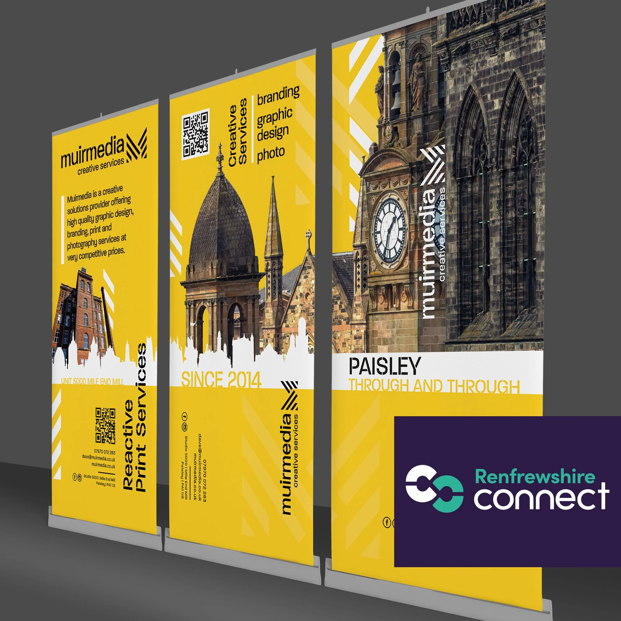 Three vertical yellow advertising banners for Murmedia creative services, featuring images of historic buildings, a clock tower, and text about the company's graphic design and photography services, along with the logo of Renfrewshire Connect on a da