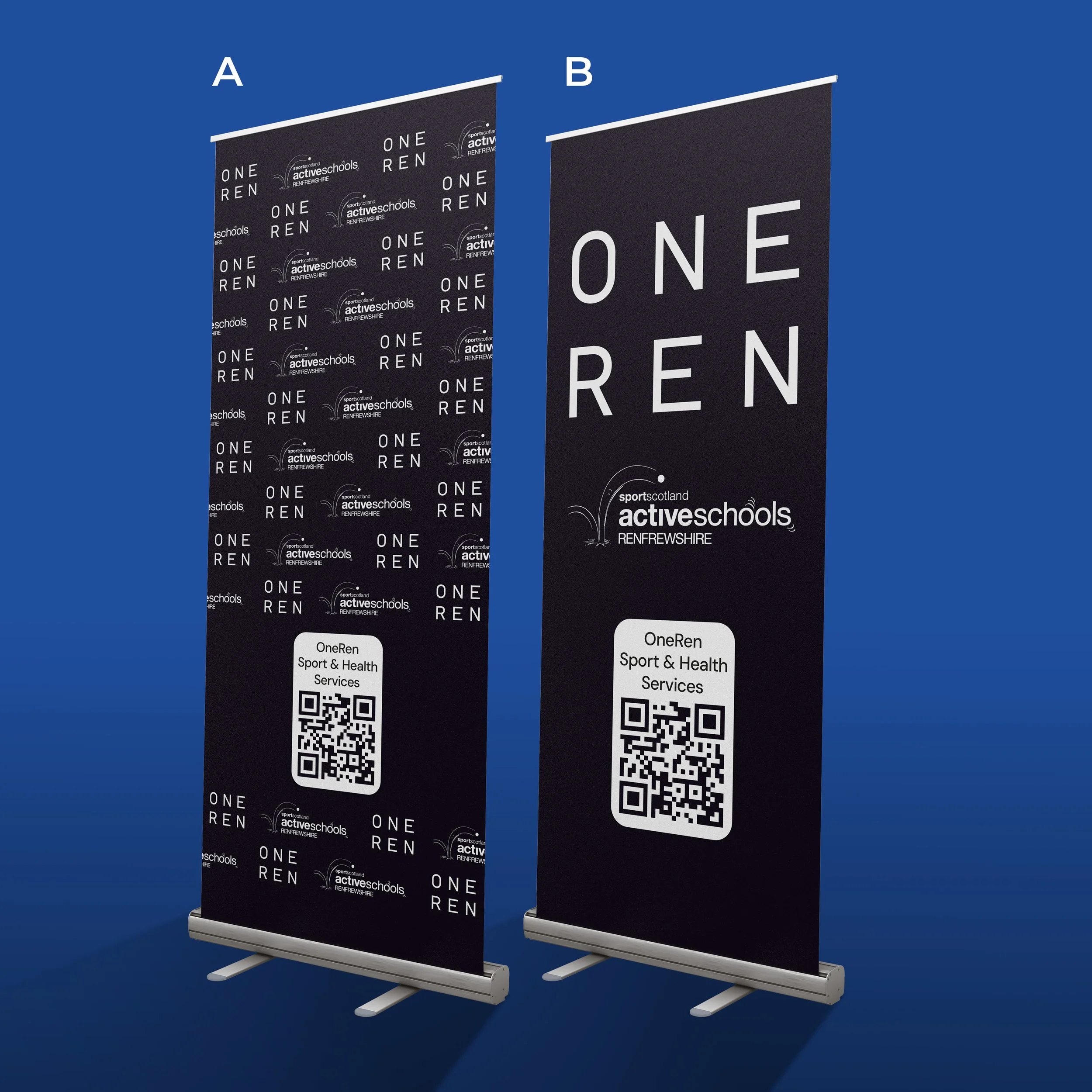 Two vertical banner stands for OneRen Sport & Health Services, with the left banner patterned with logos and text, and the right banner displaying large "ONE REN" text and a QR code.