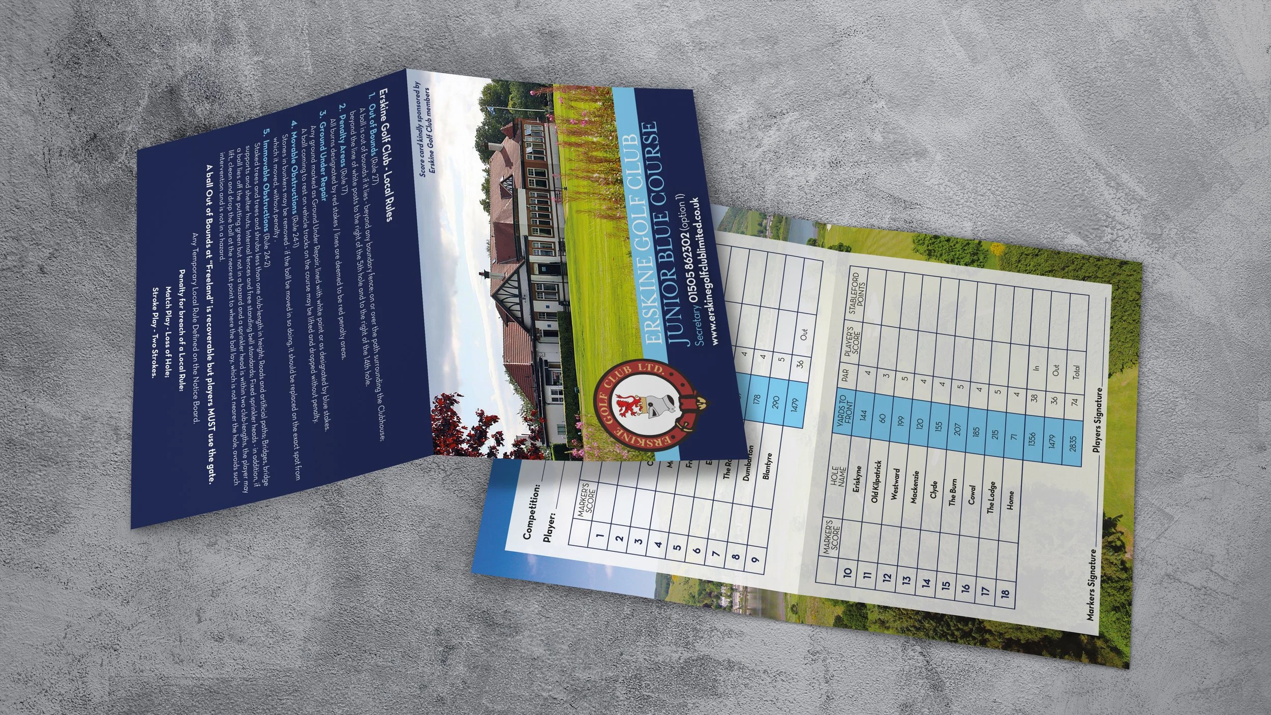 Flyer for Eskine Golf Club Junior Golf and Bidie Course, featuring an image of a clubhouse and golf course, with course rules and scoring tables, placed on a concrete surface.