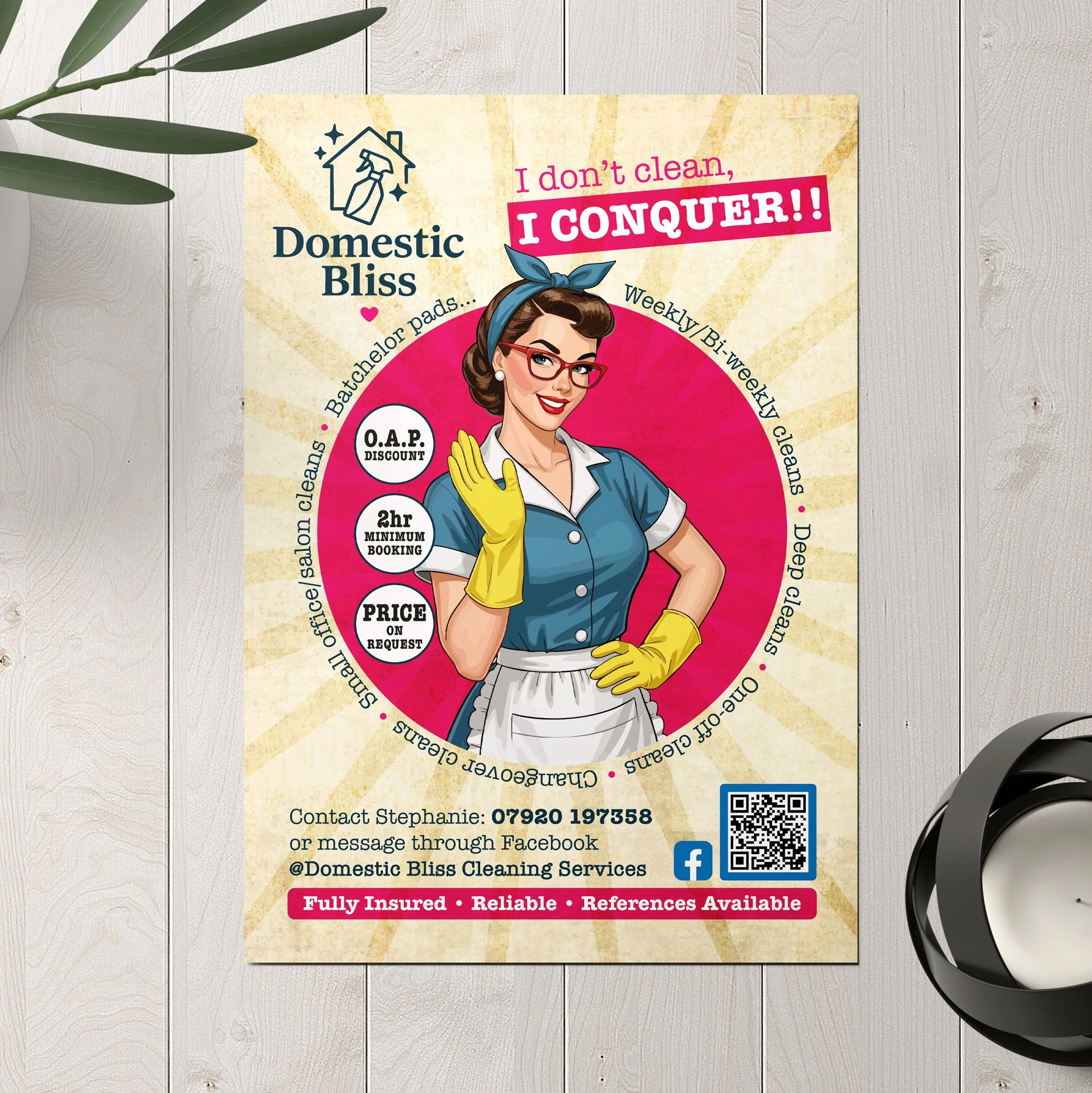 A vintage-style advertisement poster for Domestic Bliss Cleaning Services featuring a cartoon woman in a 1950s cleaning outfit with yellow rubber gloves, glasses, and a blue headscarf. The poster highlights services like deep cleaning, window cleanin