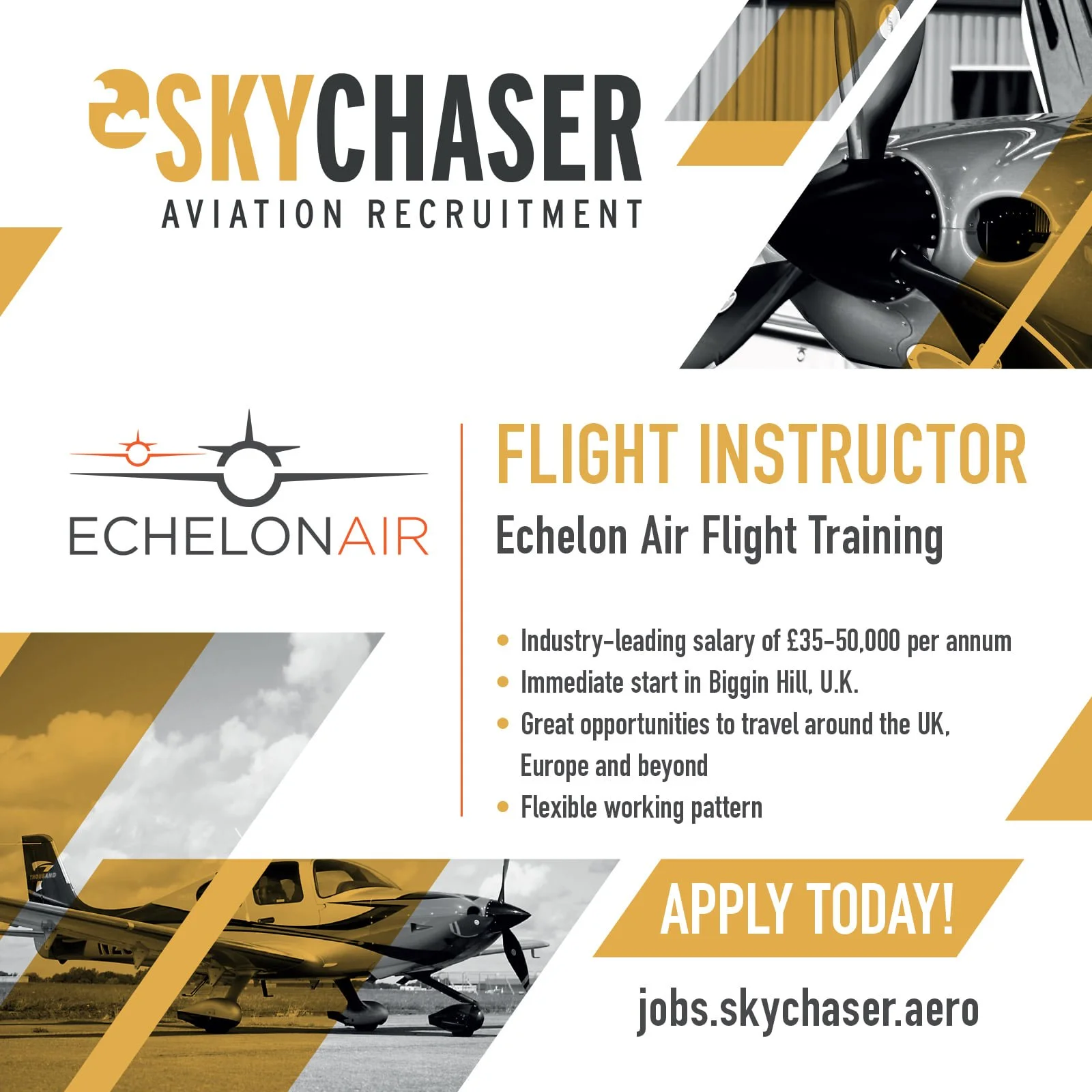 Advertisement for SkyChaser aviation recruitment featuring Echelon Air flight training. The ad shows an aircraft, company logos, and information about a flight instructor position, including salary, location, travel opportunities, and application web