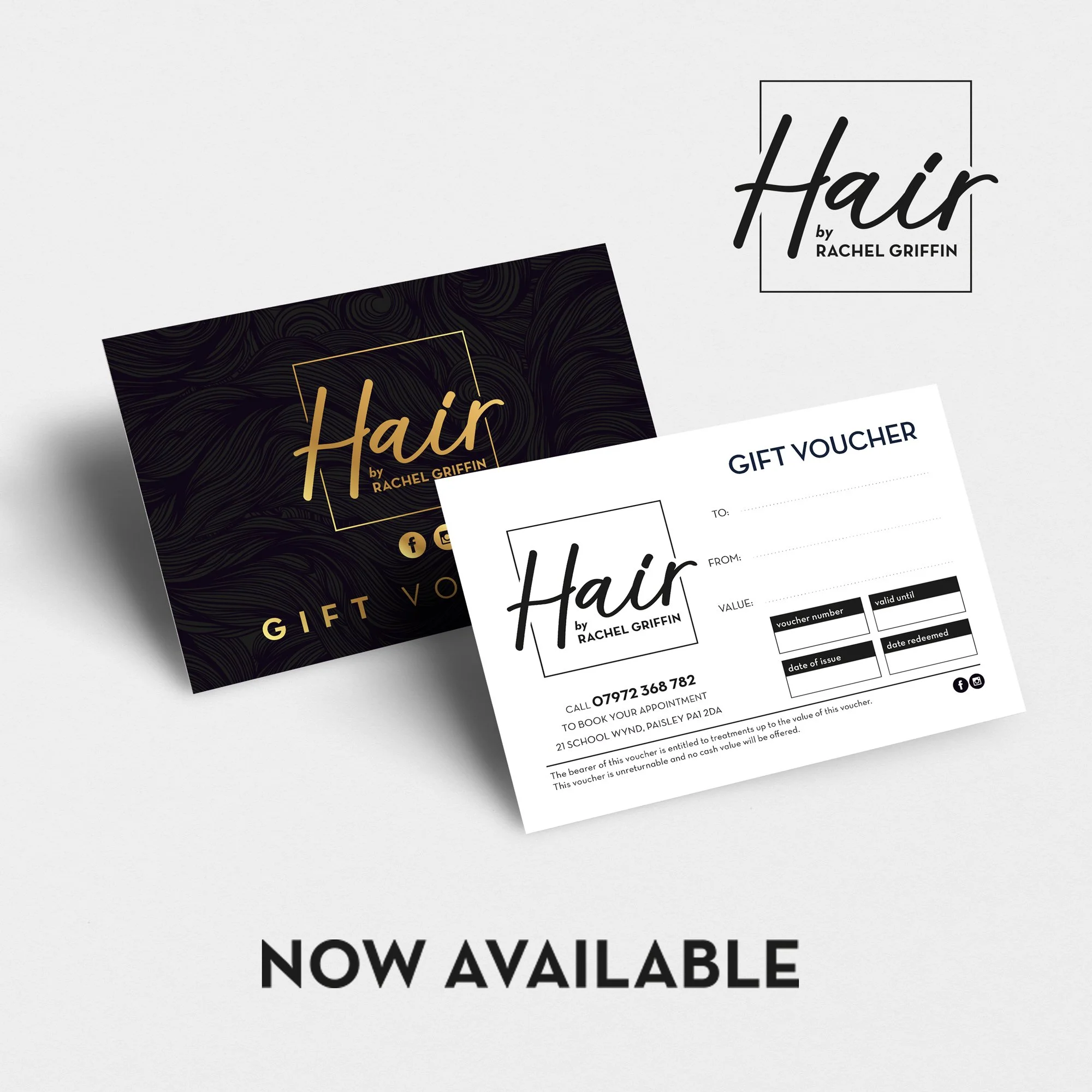 Gift voucher for Rachel Griffin's Hair salon with black and gold packaging and a white voucher with space for details, now available.