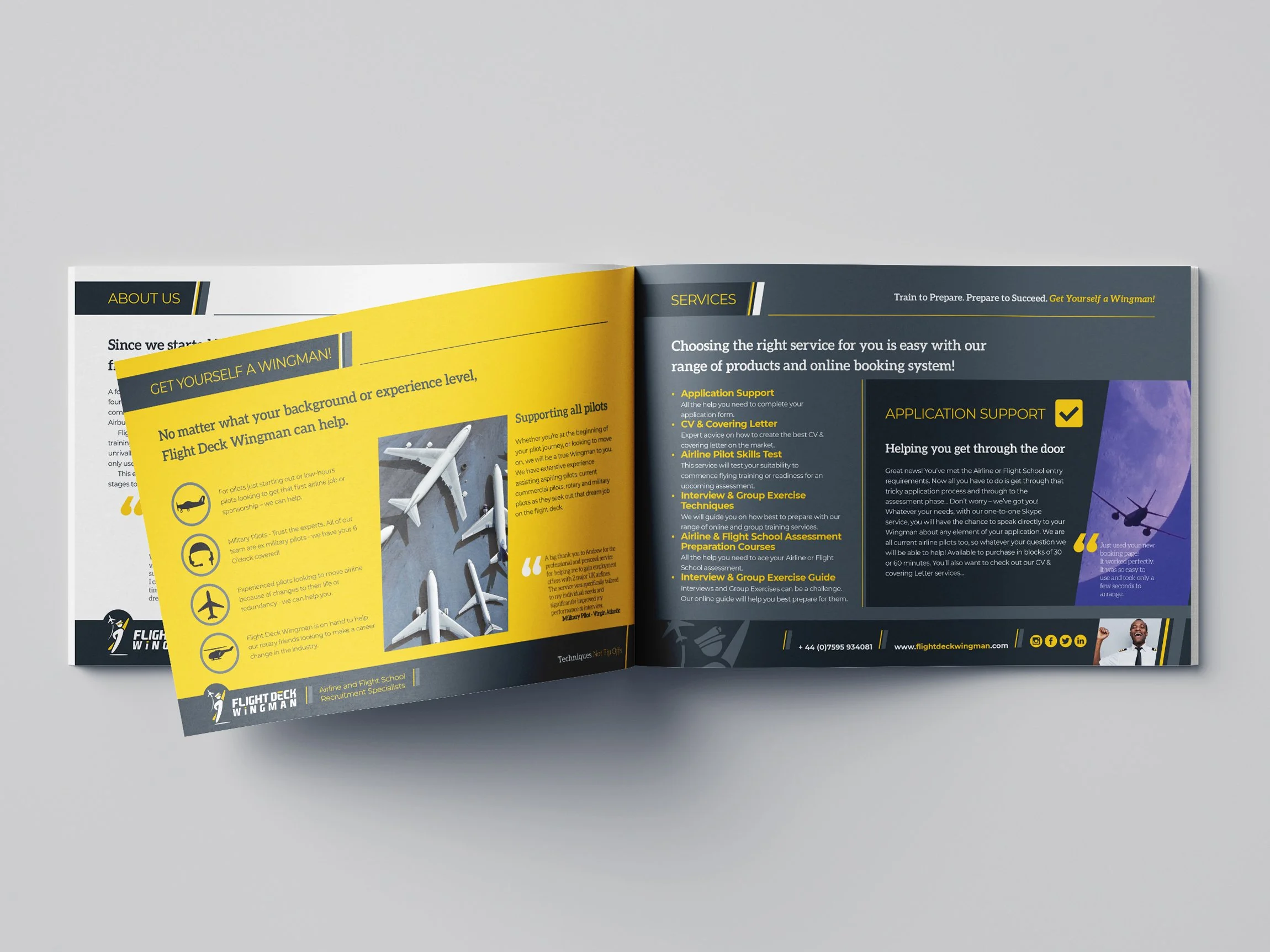 Open brochure for Flight Deck Wingman with yellow and dark blue pages. The left page promotes wingman services with a picture of multiple airplanes and icons for pilots, military pilots, and airline pilots. The right page details services, including 