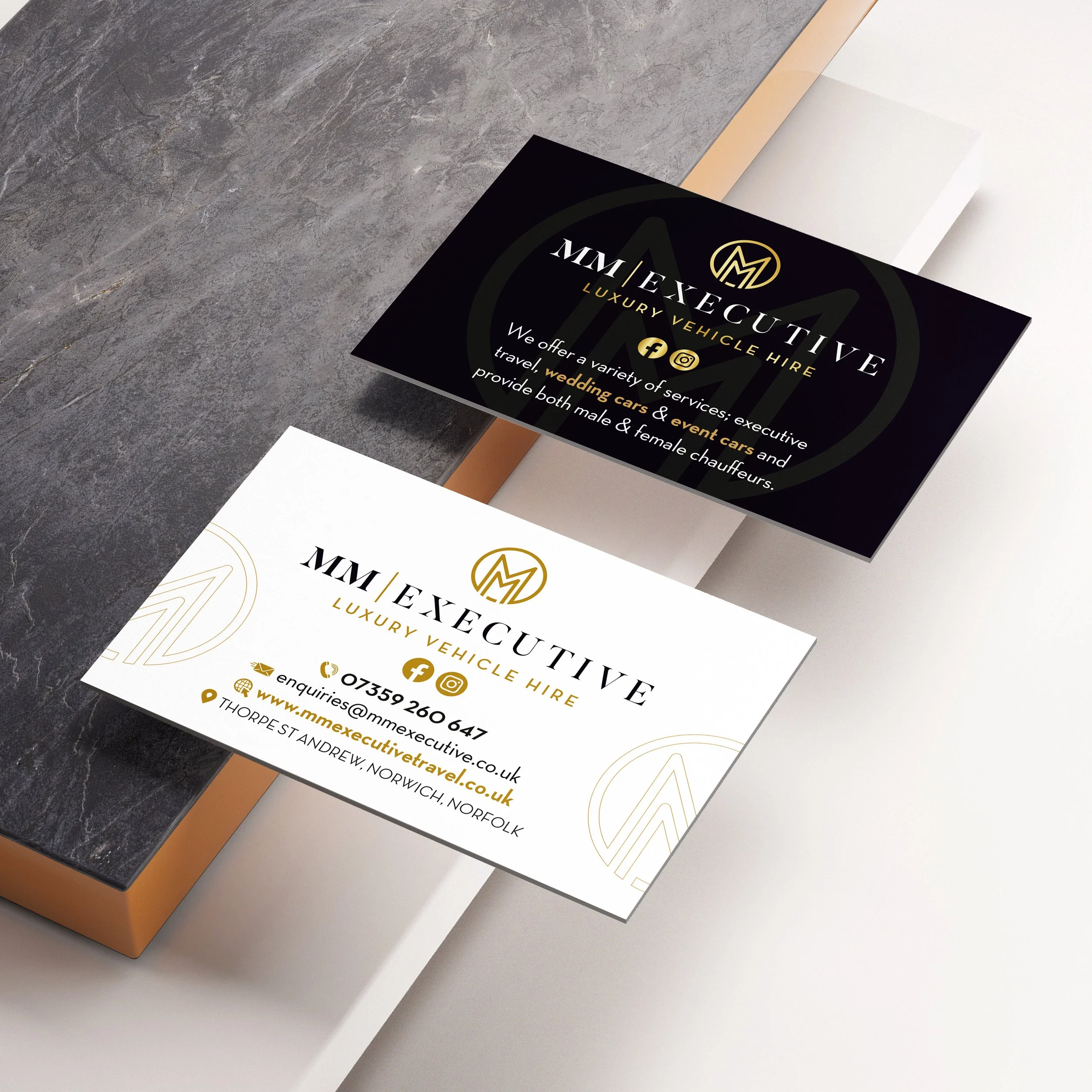 Business card for MM Executive Luxury Vehicle Hire, with a black background on the front side displaying contact information, social media icons, and a logo in gold and white; the back side is white with the same logo and contact details, also in gol