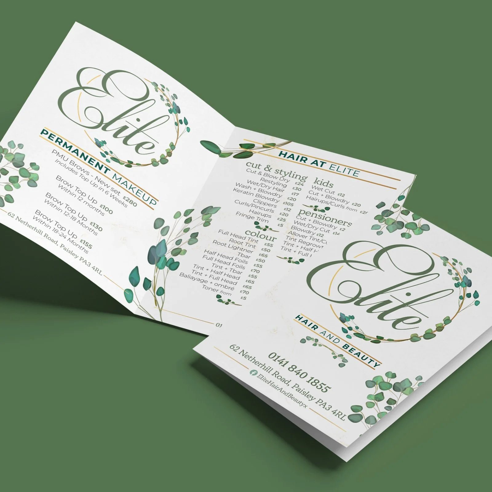 A printed hair and beauty salon menu on white paper with green and gold accents, listing services for perm make-up, haircuts for kids, pensioners, and coloring, along with prices and contact details.