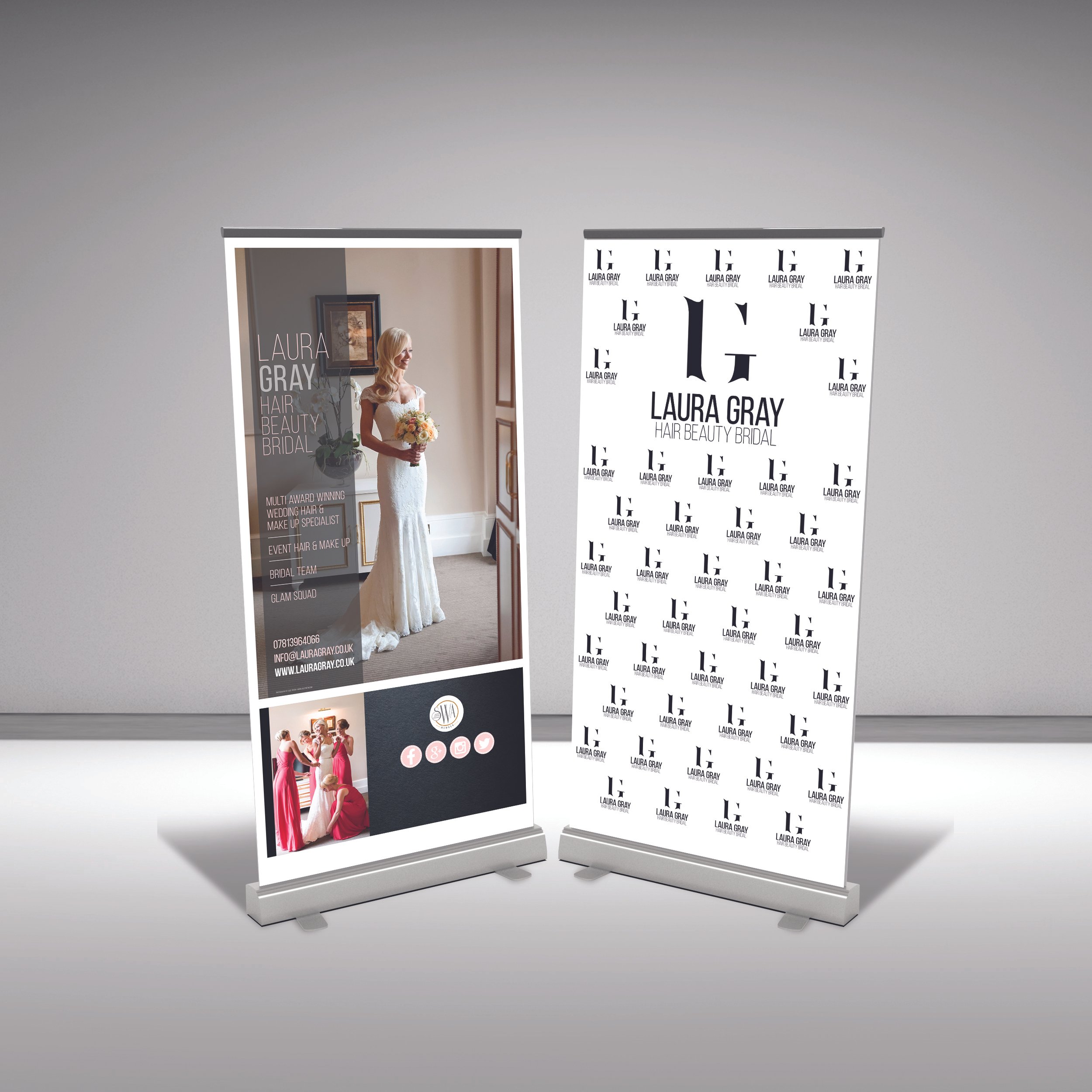 Two promotional display stands for Laura Gray, a hair and bridal stylist. The left stand shows a bride in a wedding dress holding a bouquet, with information about her services and contact details. The right stand has a repetitive logo pattern with h