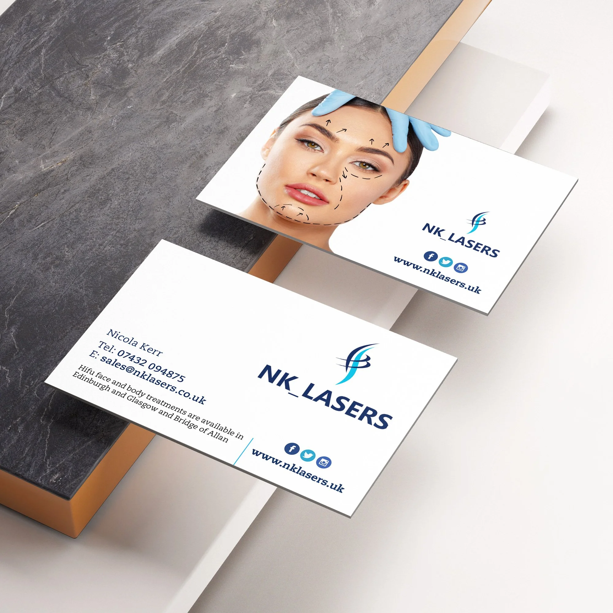 Business cards for NK LASERS, featuring a woman's face with marked outlines for cosmetic procedures, and contact information including a website, email, phone number, and social media icons.