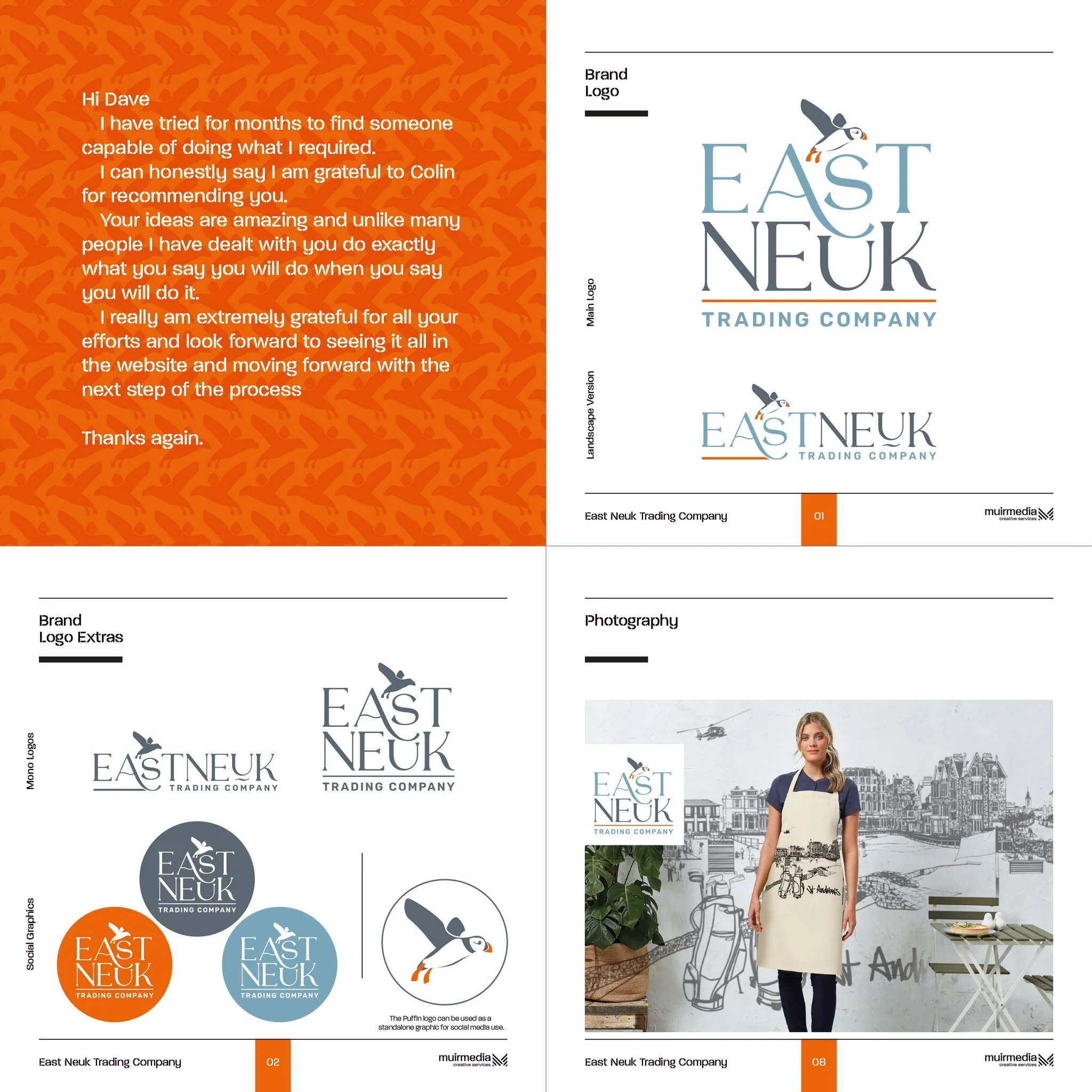 A branding and marketing presentation for East Neuk Trading Company. The slides include a letter of appreciation, logo options, a photograph of a woman in a cafe with urban artwork background, and various logo variations at the bottom.