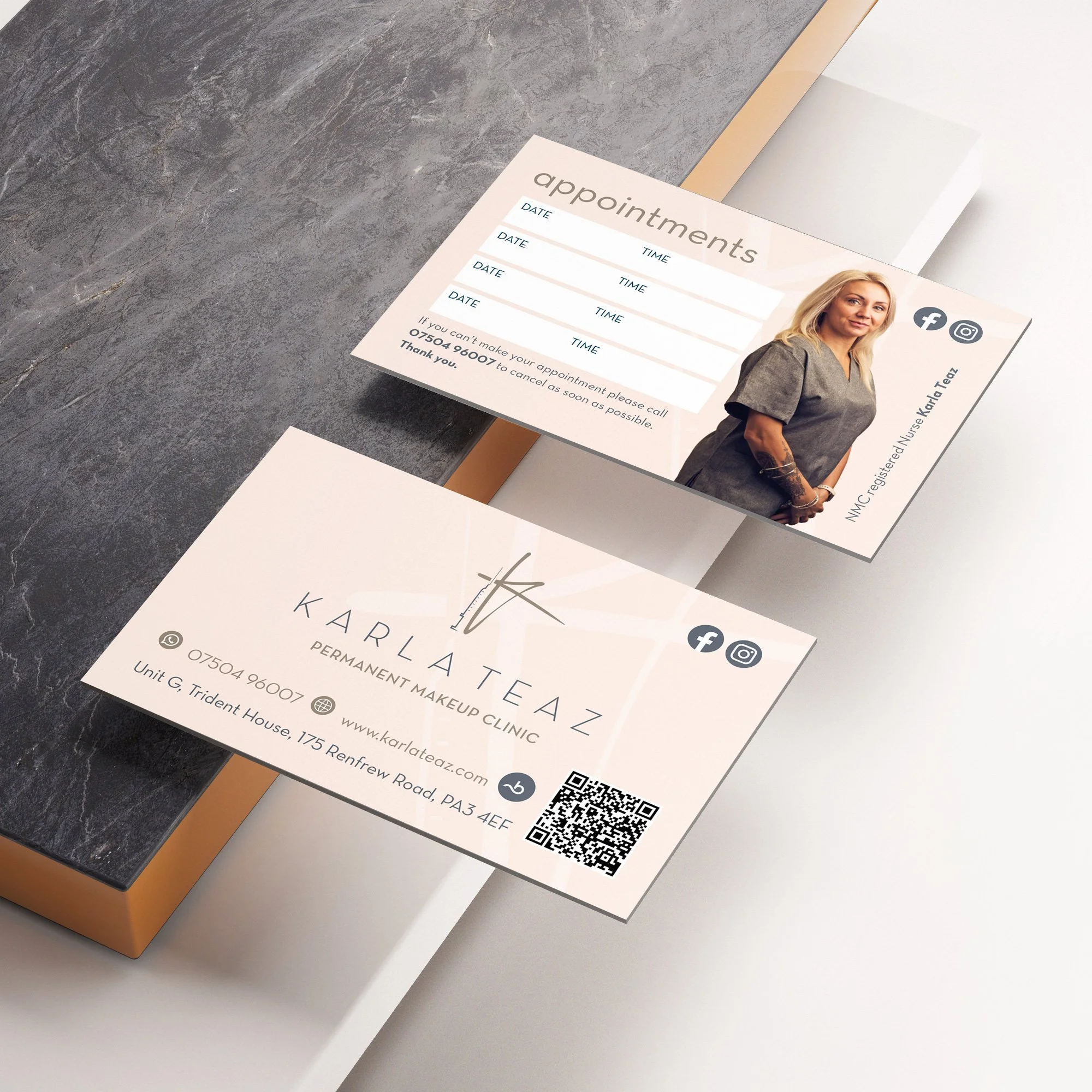 Business card and appointment card for Karlateaz Permanent Makeup Clinic on a two-tone surface. The business card includes contact information, social media icons, and a QR code. The appointment card has spaces for multiple dates and times, and a pho