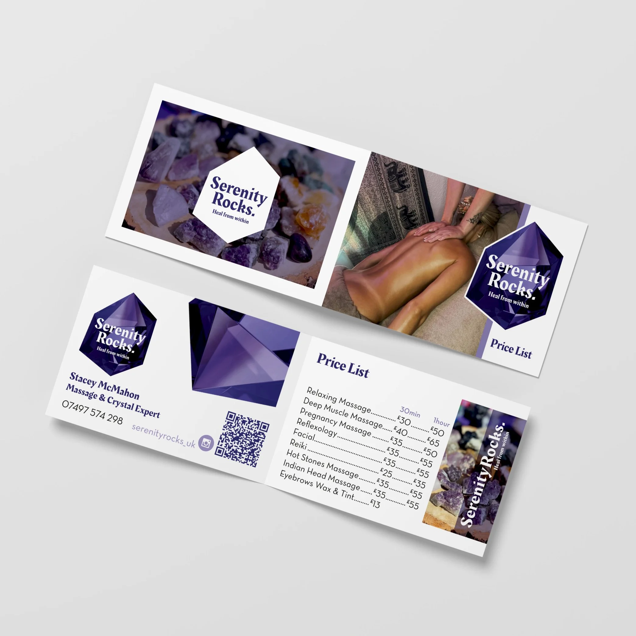 Business card and flyer for Serenity Rocks, offering massage and crystal healing services, with price list and contact information.