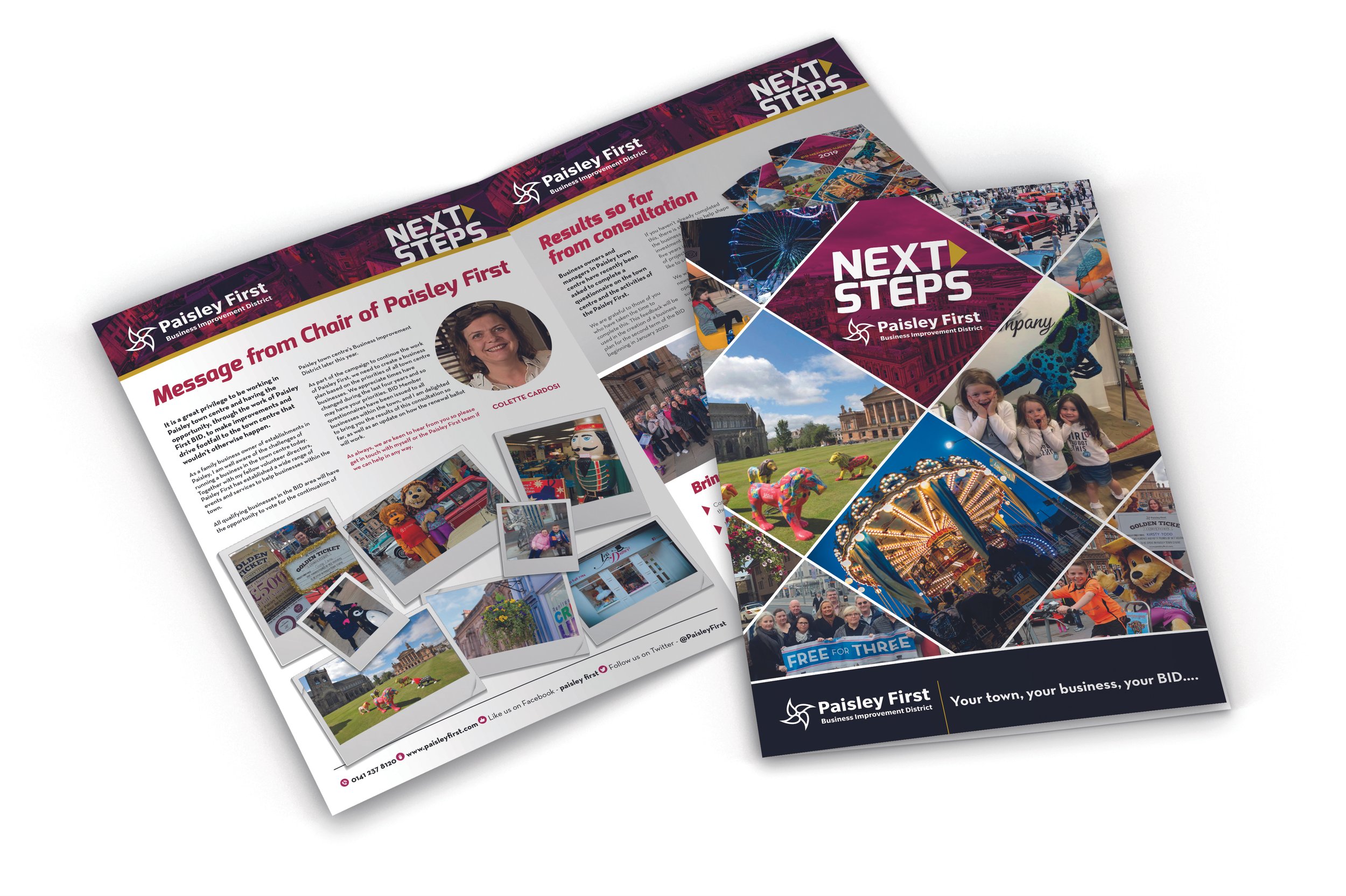 Colorful brochure for Paisley First featuring images of community events, landmarks, and local attractions.