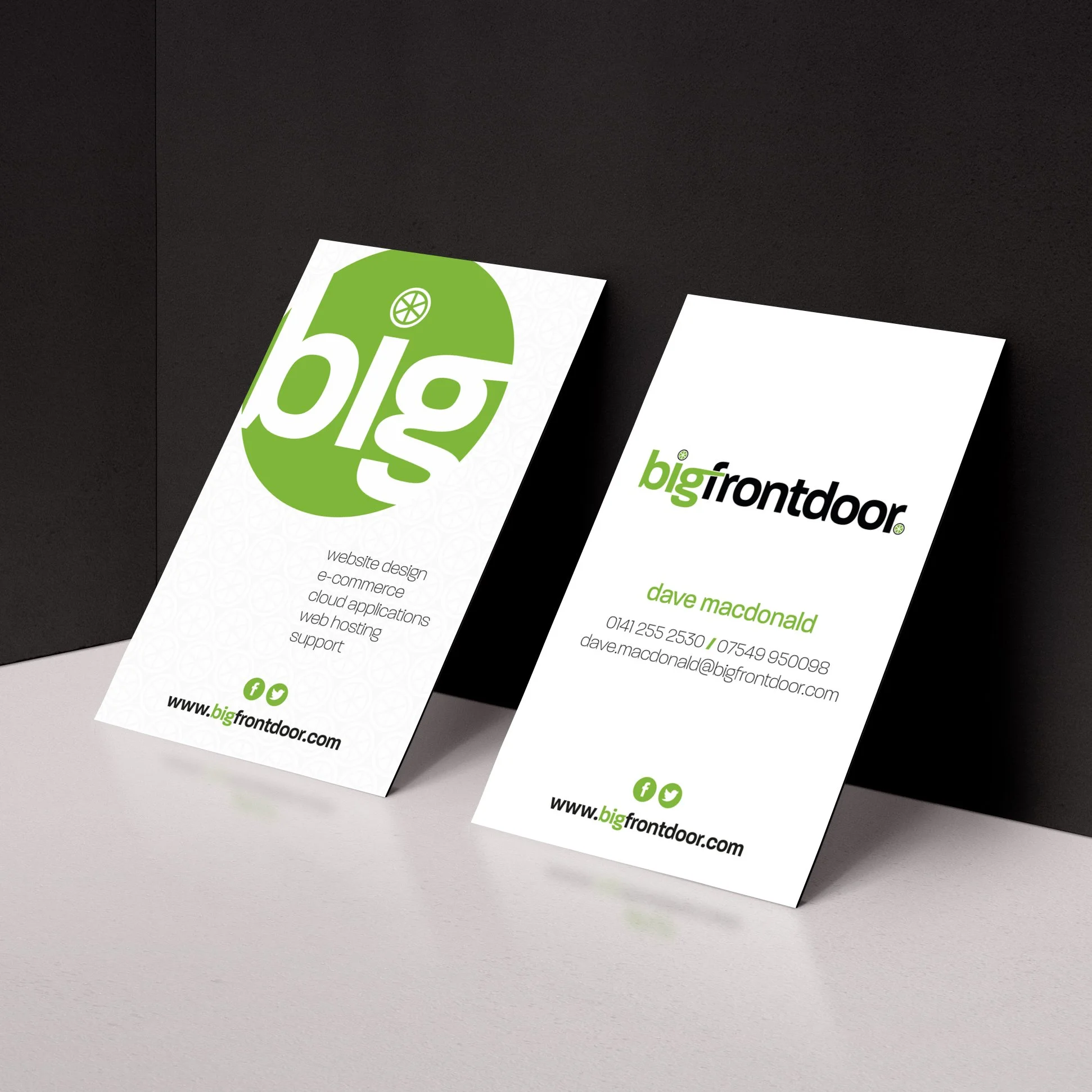 Two business cards, one showing the 'big' logo and services, the other with contact information for Dave Macdonald from Big Frontdoor.
