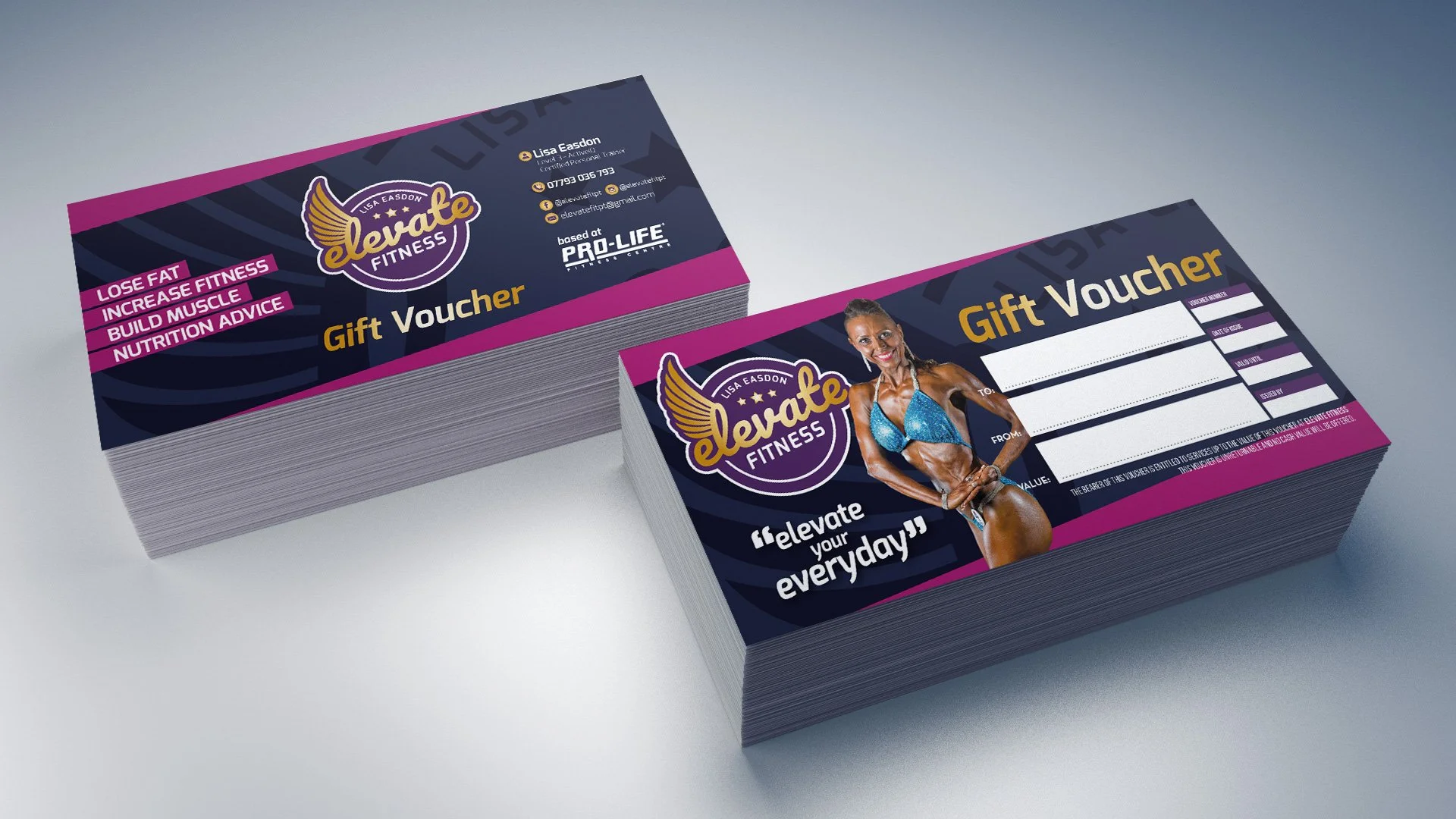 Stack of fitness gift vouchers featuring a woman in a blue bikini, the Levate Fitness logo with a winged emblem, and text promoting fitness goals like weight loss, muscle building, and nutrition advice.