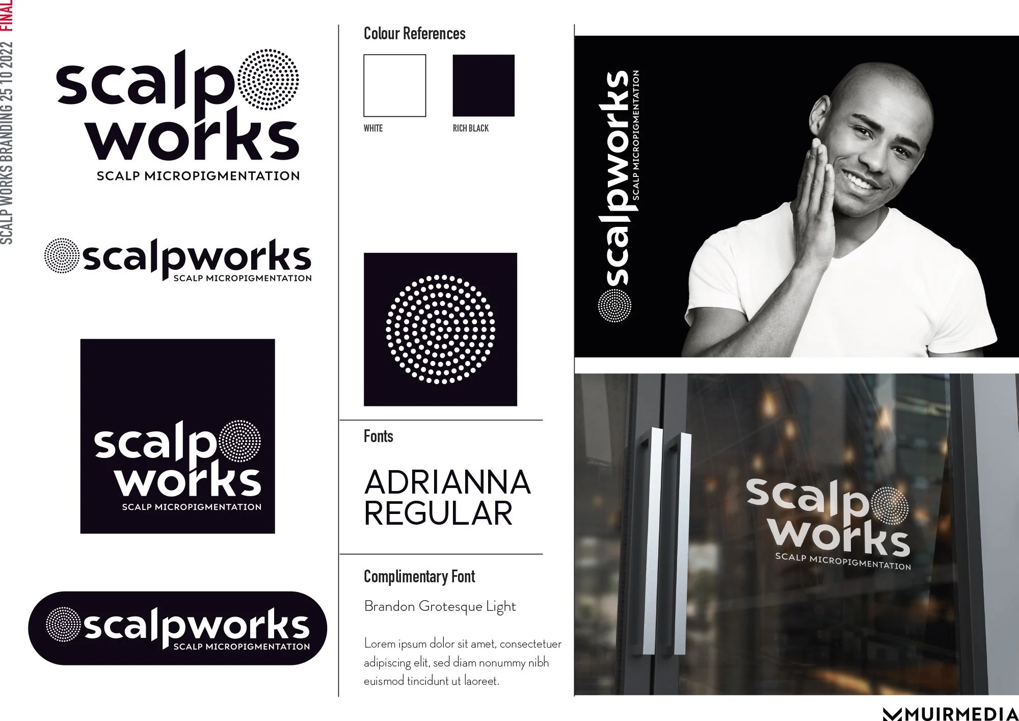 Designs and branding materials for Scalp Works, a scalp micropigmentation business, including logo options, color references, font details, a promotional photo of a smiling man with shaved head, and a photograph of a storefront window with the compan
