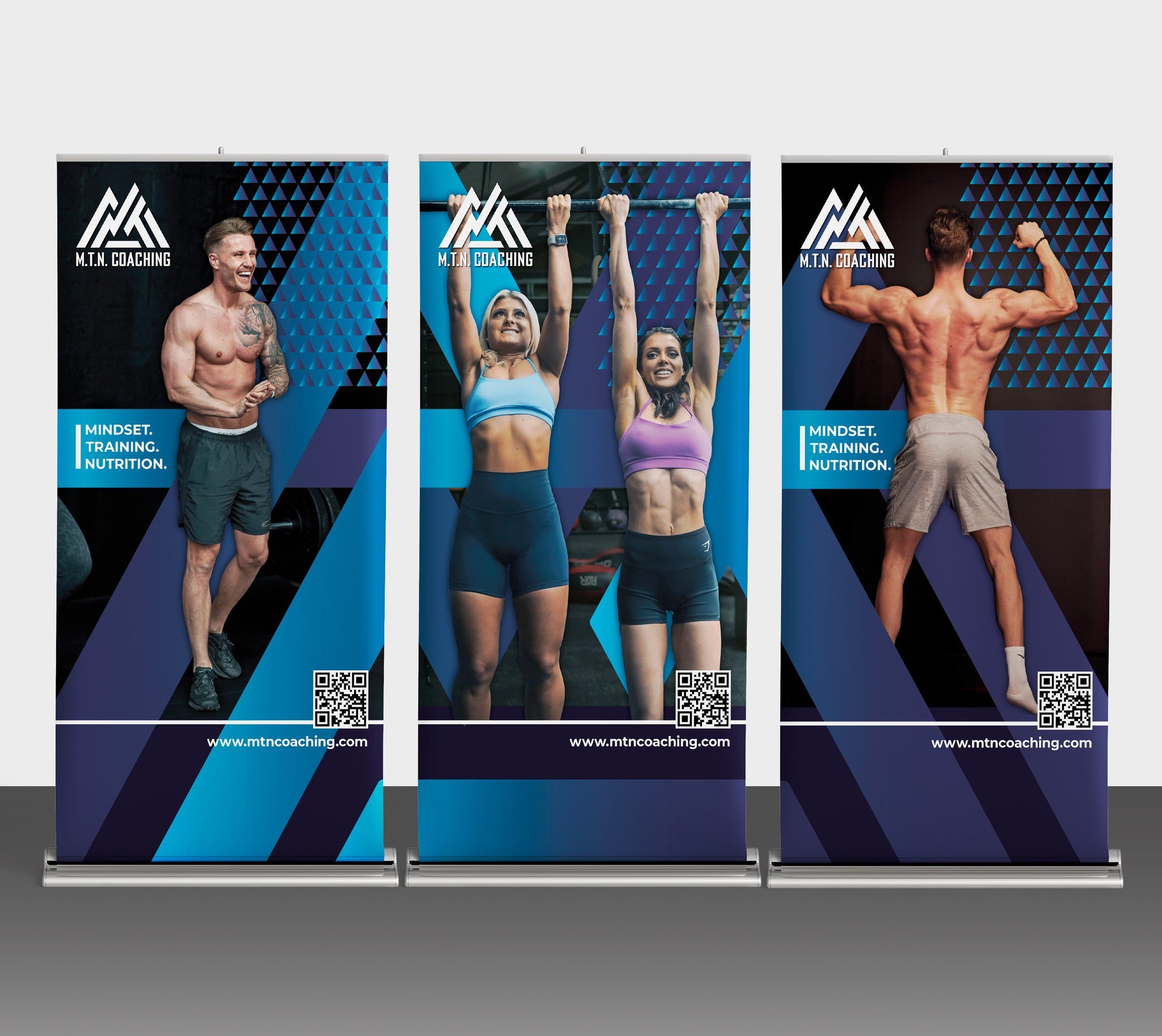 Three fitness banners for M.T.N. Coaching featuring muscular men and women working out, with text promoting mindset, training, and nutrition.