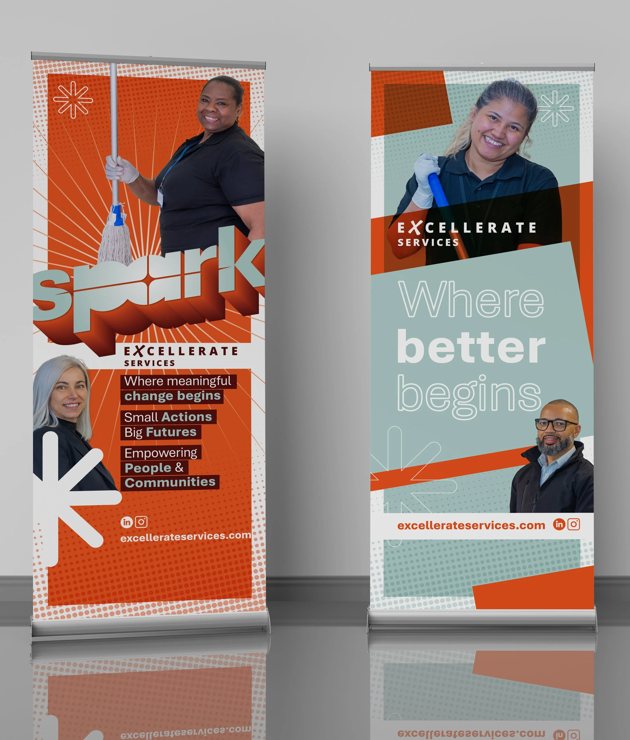 Two vertical banners for Excellerate Services featuring diverse smiling employees. The left banner shows a woman holding a mop with text about meaningful change and community empowerment. The right banner has a woman holding a cleaning tool with an i