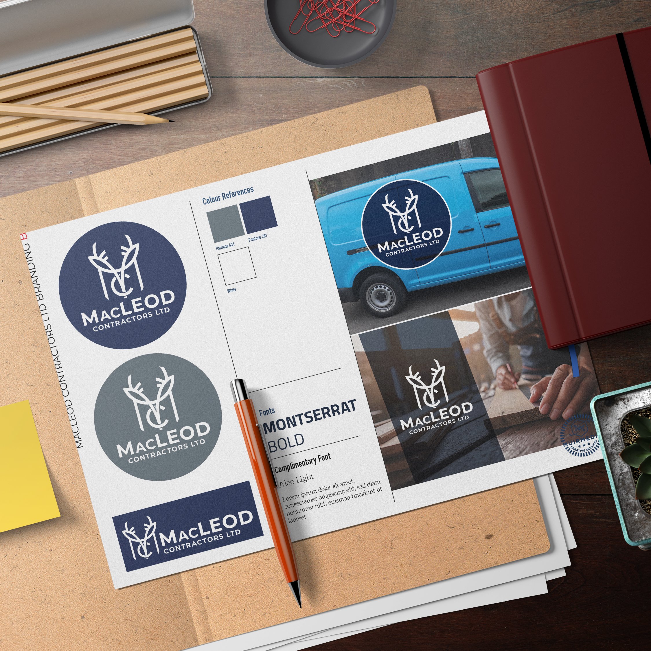 Design mockup of a logo for MacLeod Contractors Ltd, featuring a stylized deer head with antlers inside a circular frame, shown in different color variations and applied to a blue van. The workspace includes color palettes, fonts, a pen, and printed 
