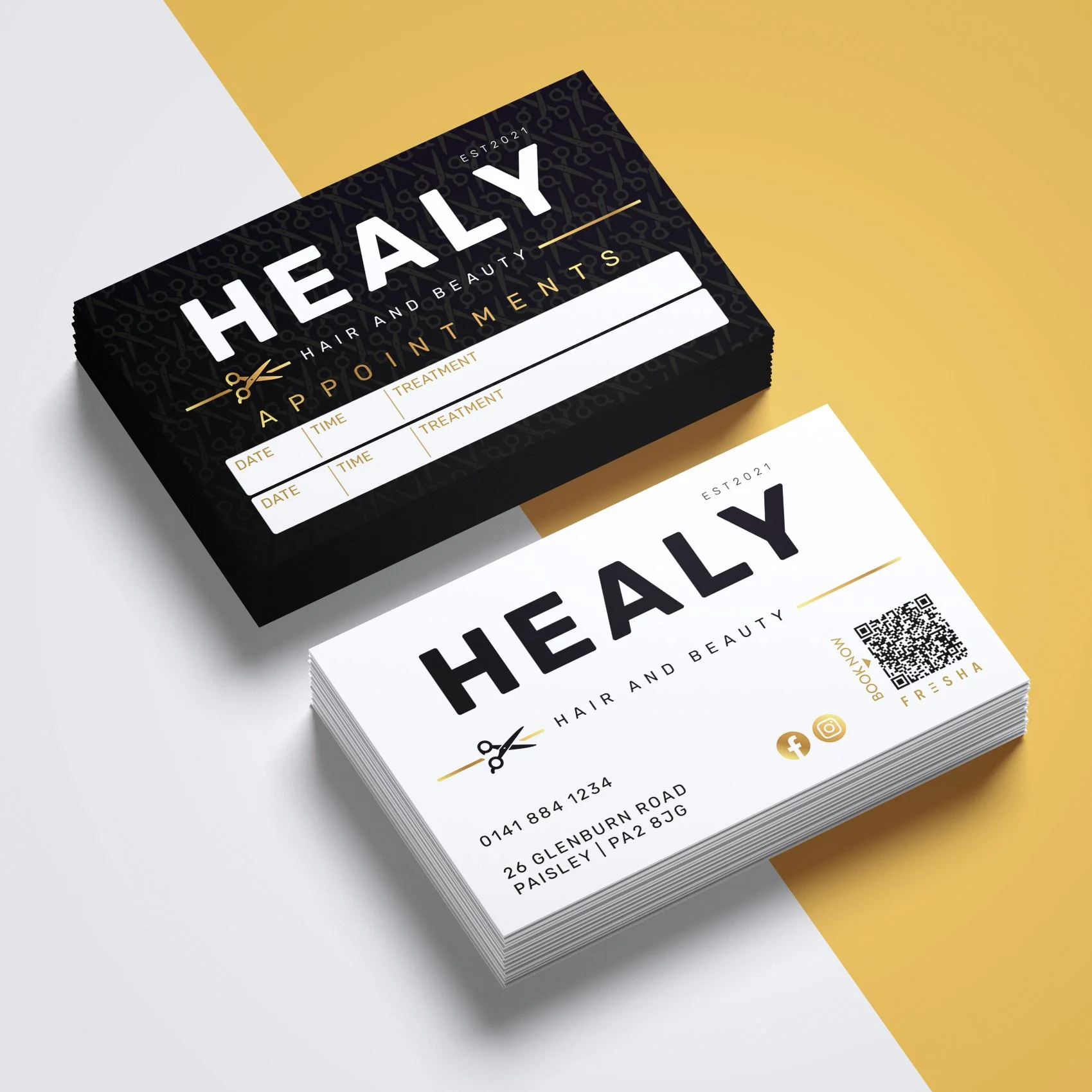 Business cards and appointment cards for a hair and beauty salon called 'Healy' with black and white designs, gold accents, and contact information.