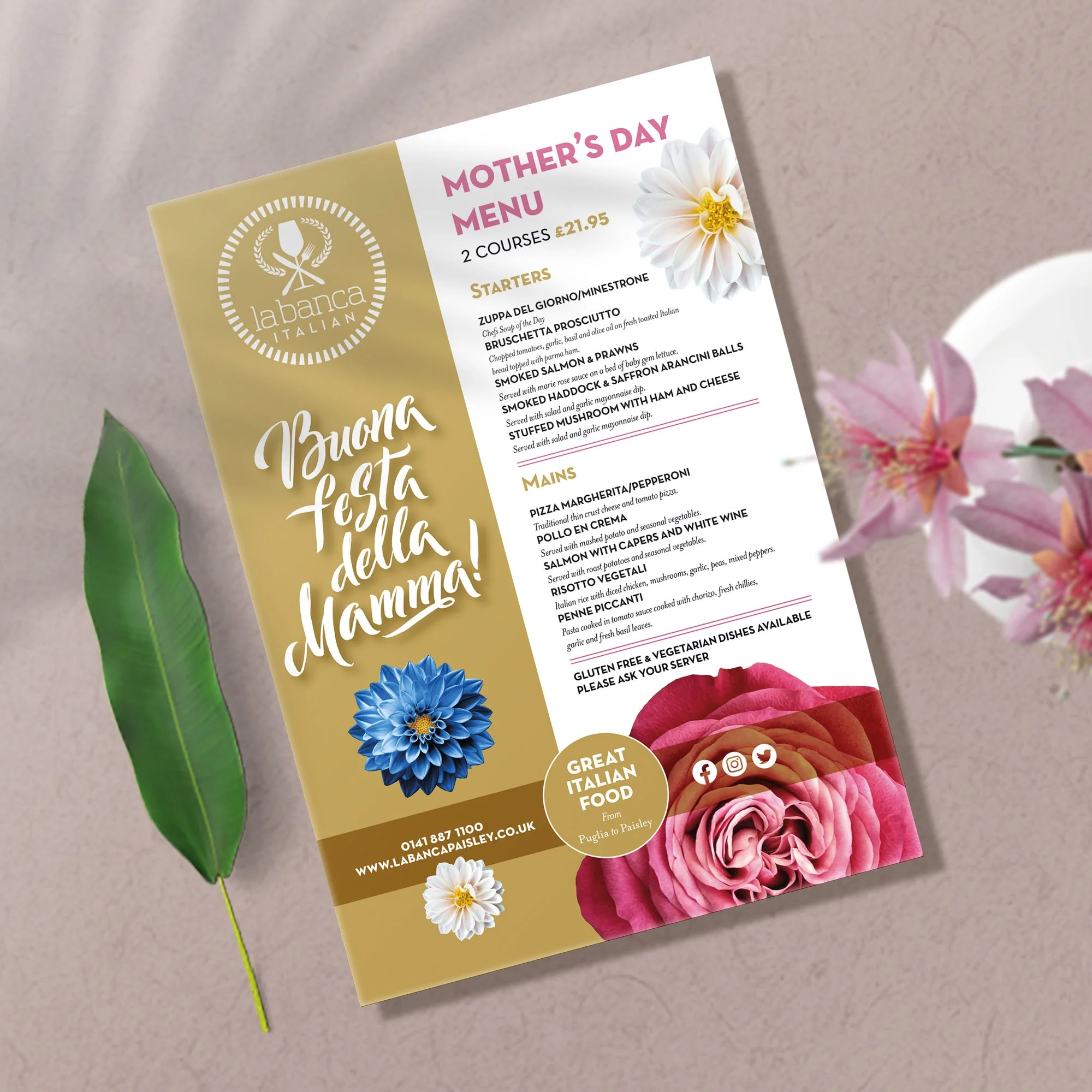 Mother's Day menu from Labanca Italian restaurant, featuring starters, main courses, and vegetarian options, decorated with flowers and a leaf.