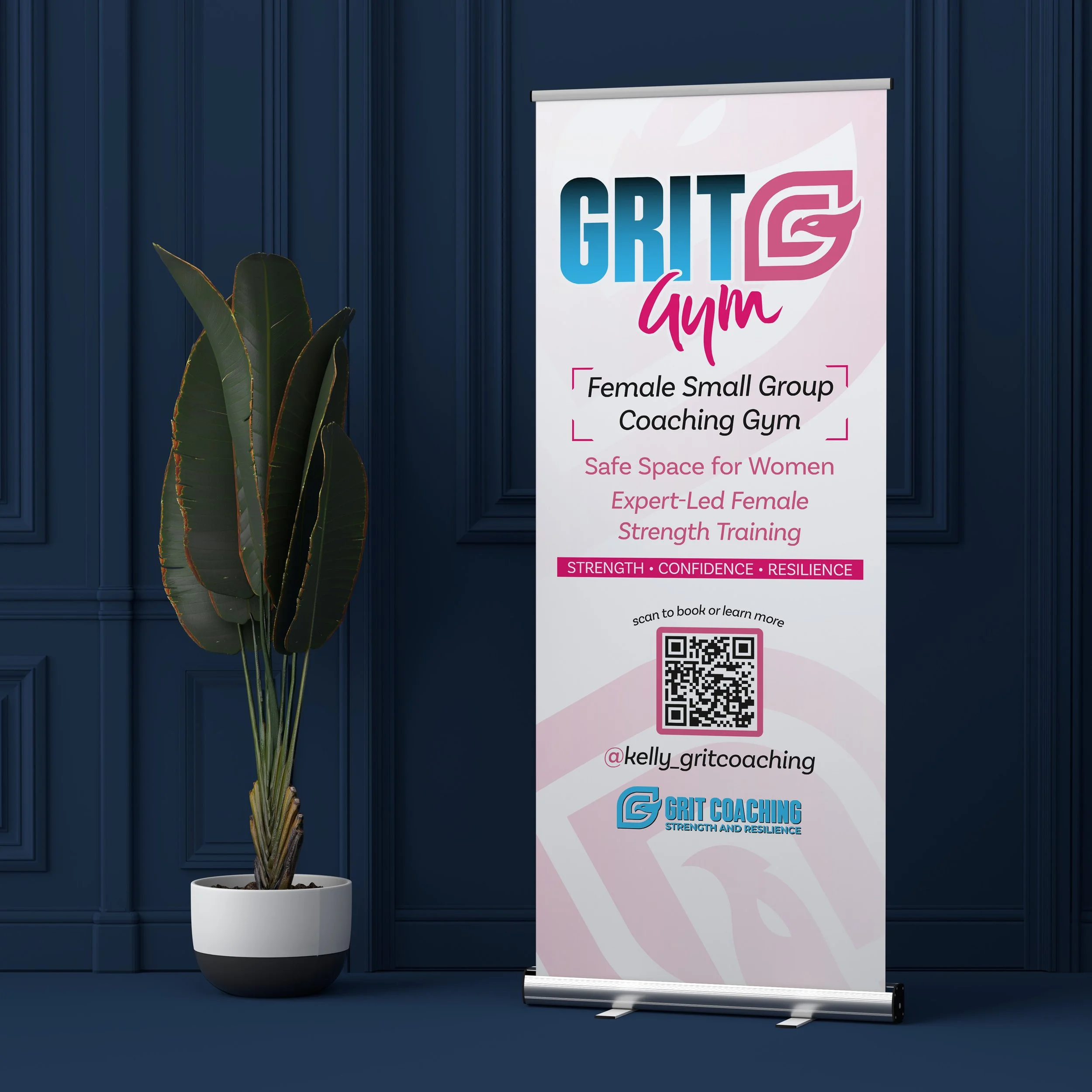 A vertical banner for Grit GYM promoting a female small group coaching gym. The banner features text about a safe space for women, expert-led female strength training, and keywords such as strength, confidence, and resilience. It includes a QR code f