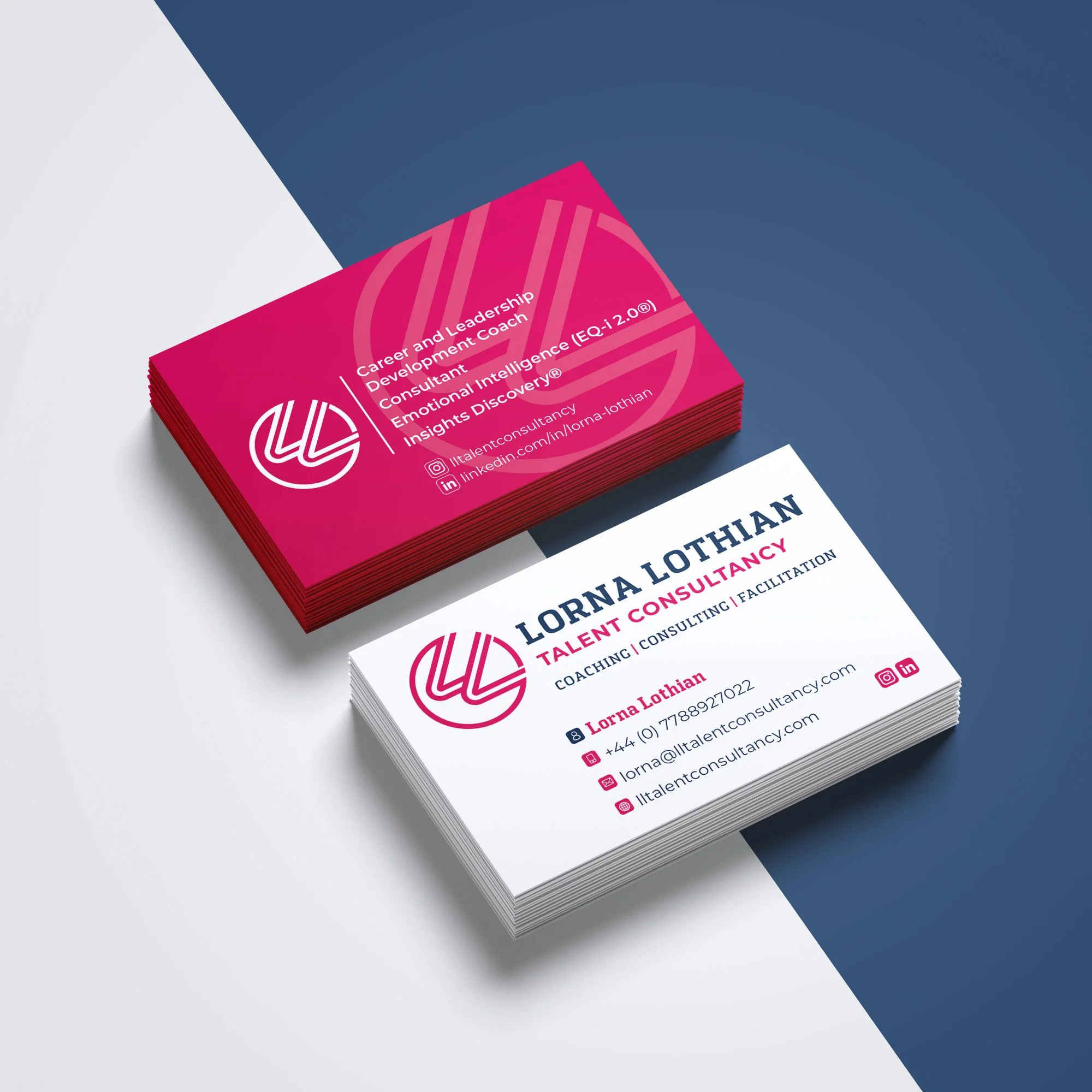 A stack of two business cards, one pink and one white, for Lorna Lothian, a talent consultant. The cards include contact information and services such as coaching, consulting, and facilitation, with branding elements and social media icons.