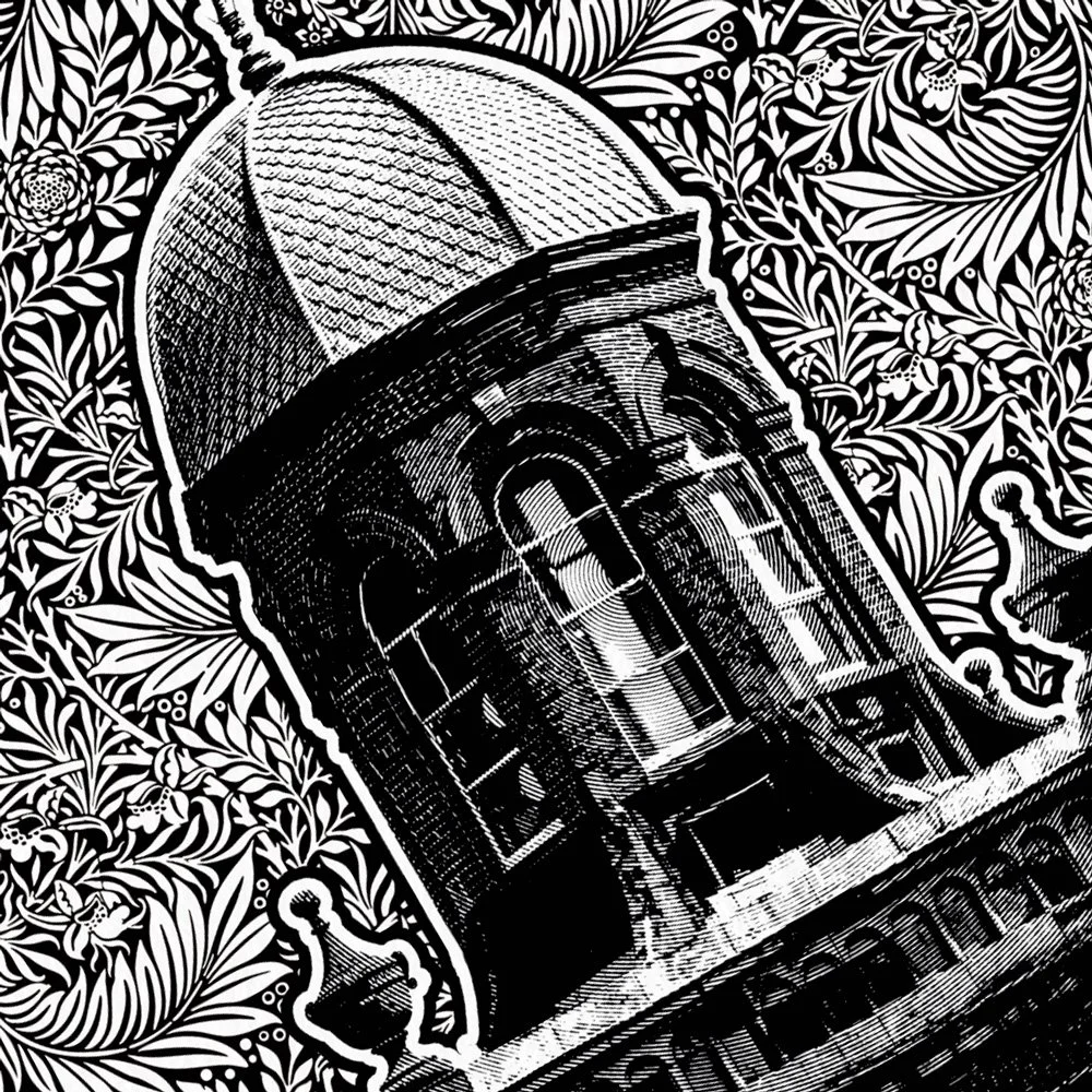 Black and white illustrated dollar bill with a stylized glass of liquor, set against an ornate floral background.