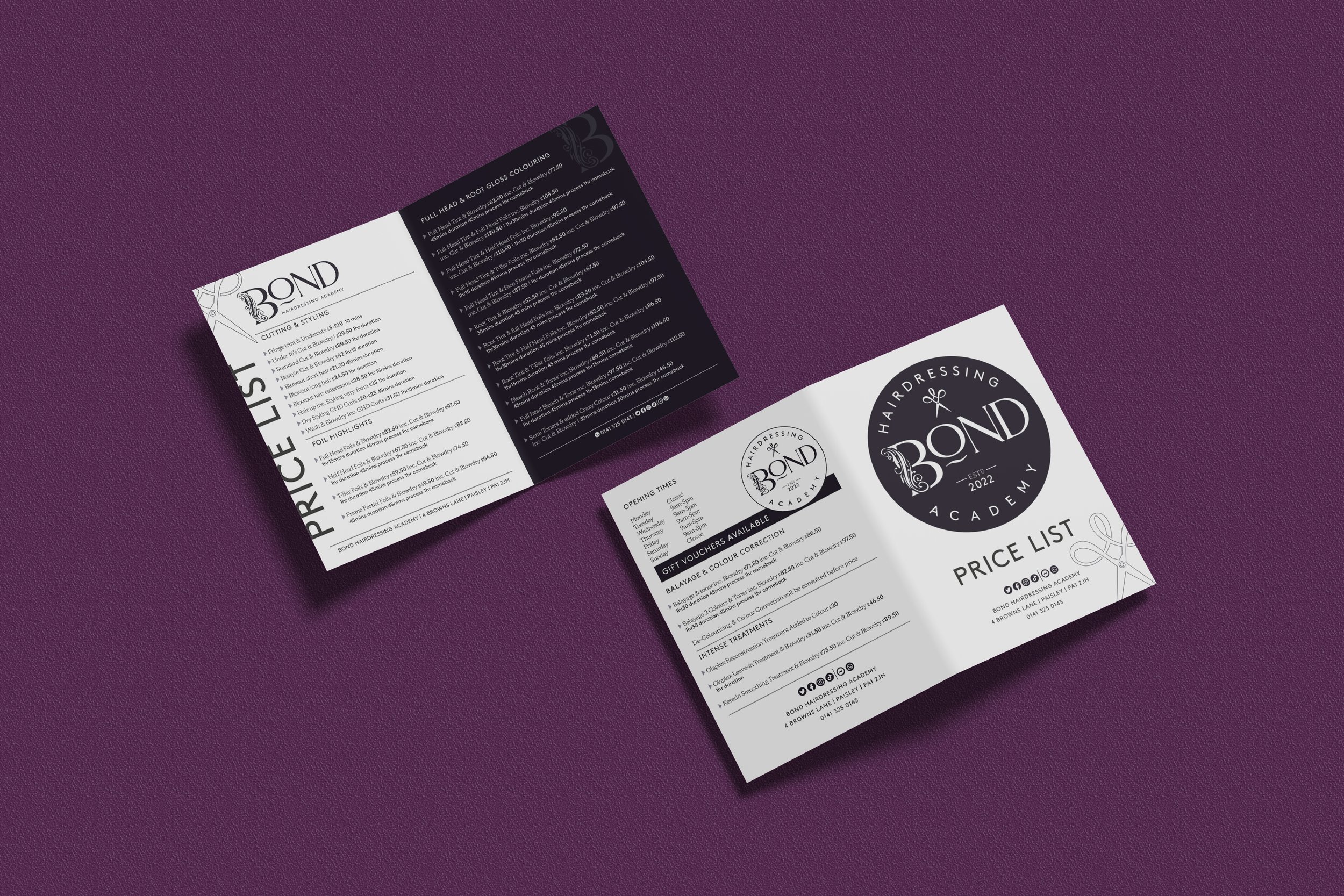 Two salon price list flyers for Bond Hairdressing Academy placed on a purple textured surface, one is black and white, the other is white with black text and logo.
