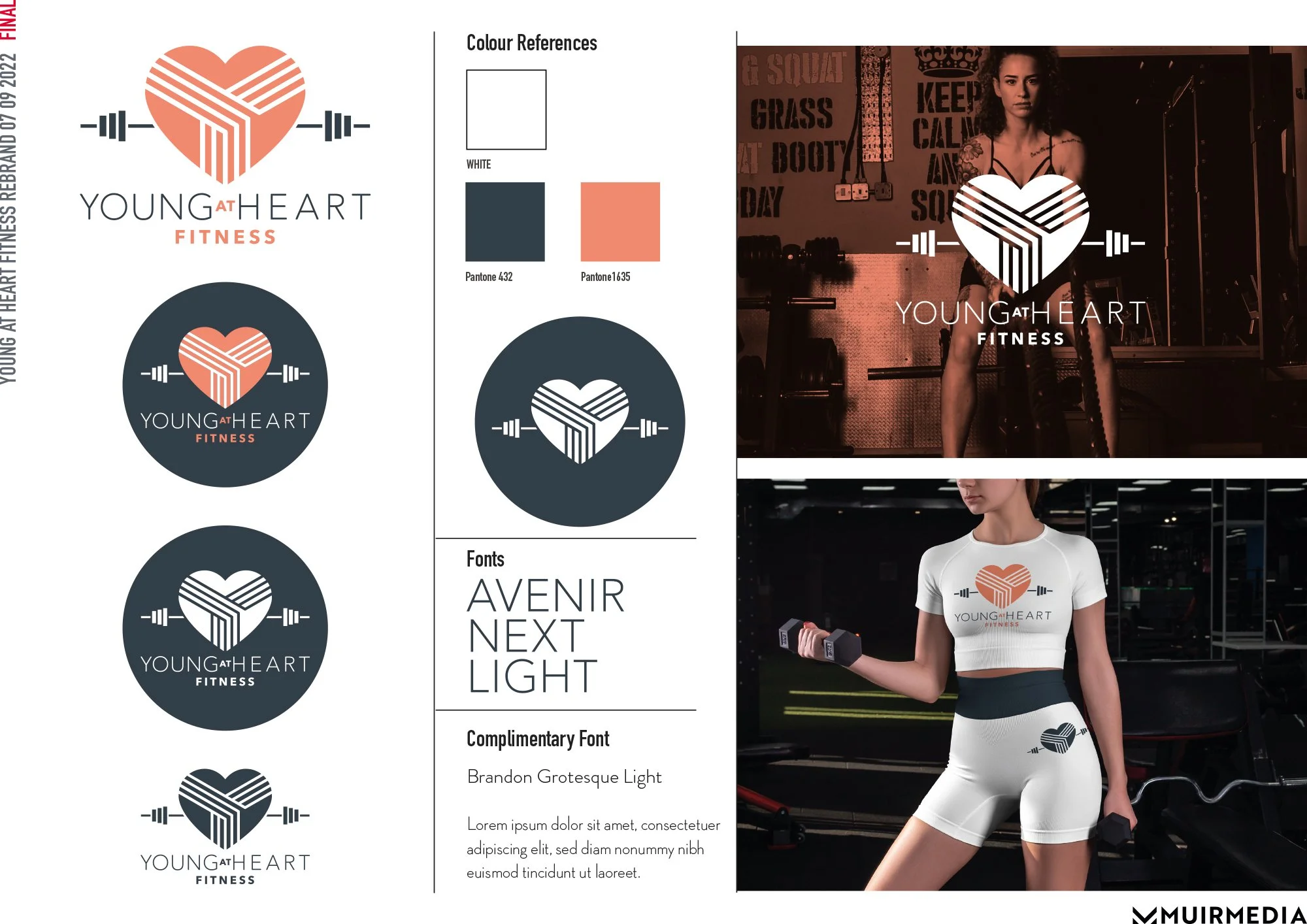 A branding poster for Young at Heart Fitness, featuring a logo with a heart shape and barbell, shown in different color schemes. The poster includes photos of a woman in workout attire with the logo on her shirt and in a gym setting, emphasizing fitn