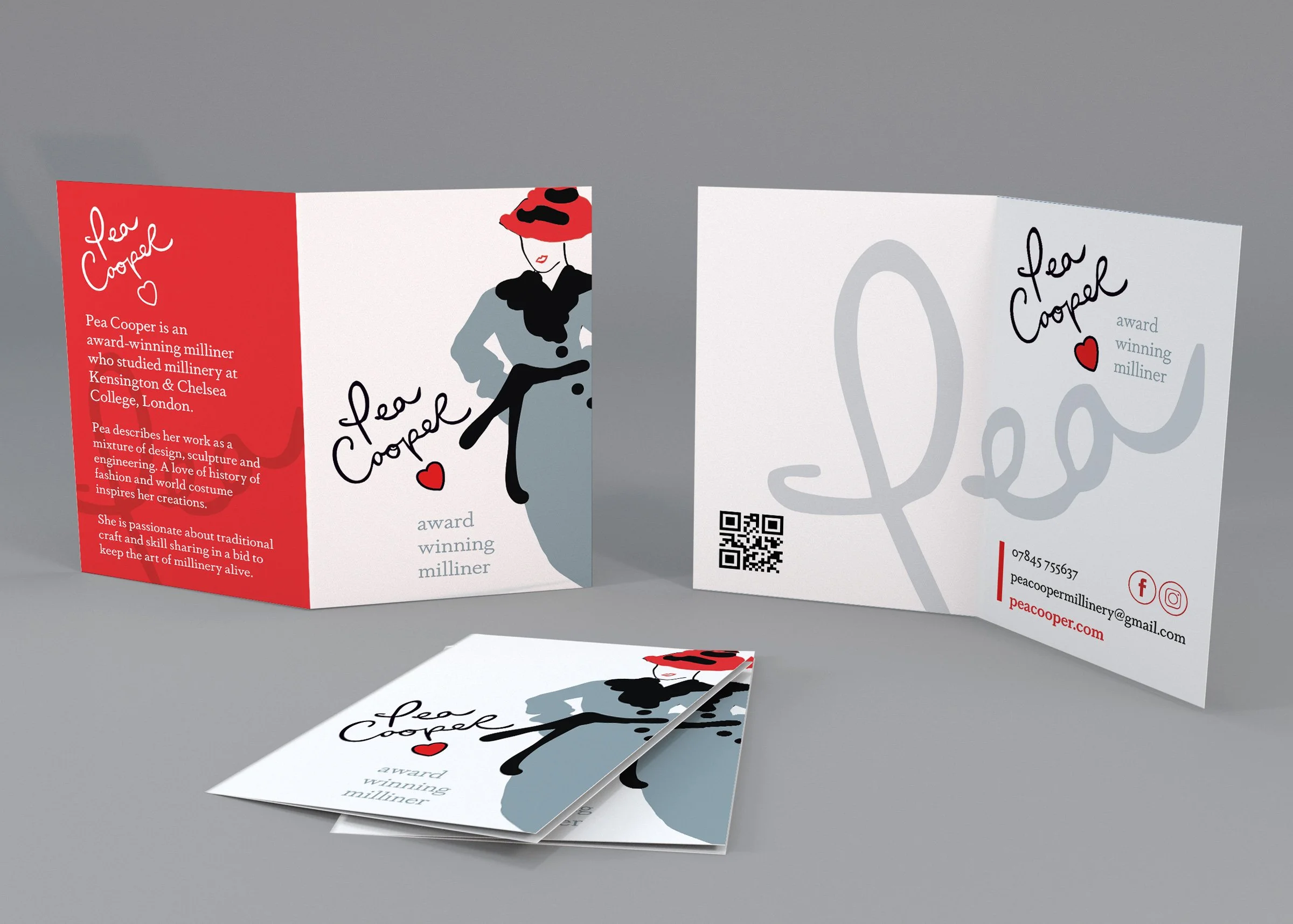Design of a tri-fold business brochure for Pea Cooper, featuring a fashionable illustration of a woman with a red hat and black dress, and contact information including phone, email, website, social media icons, and a QR code.