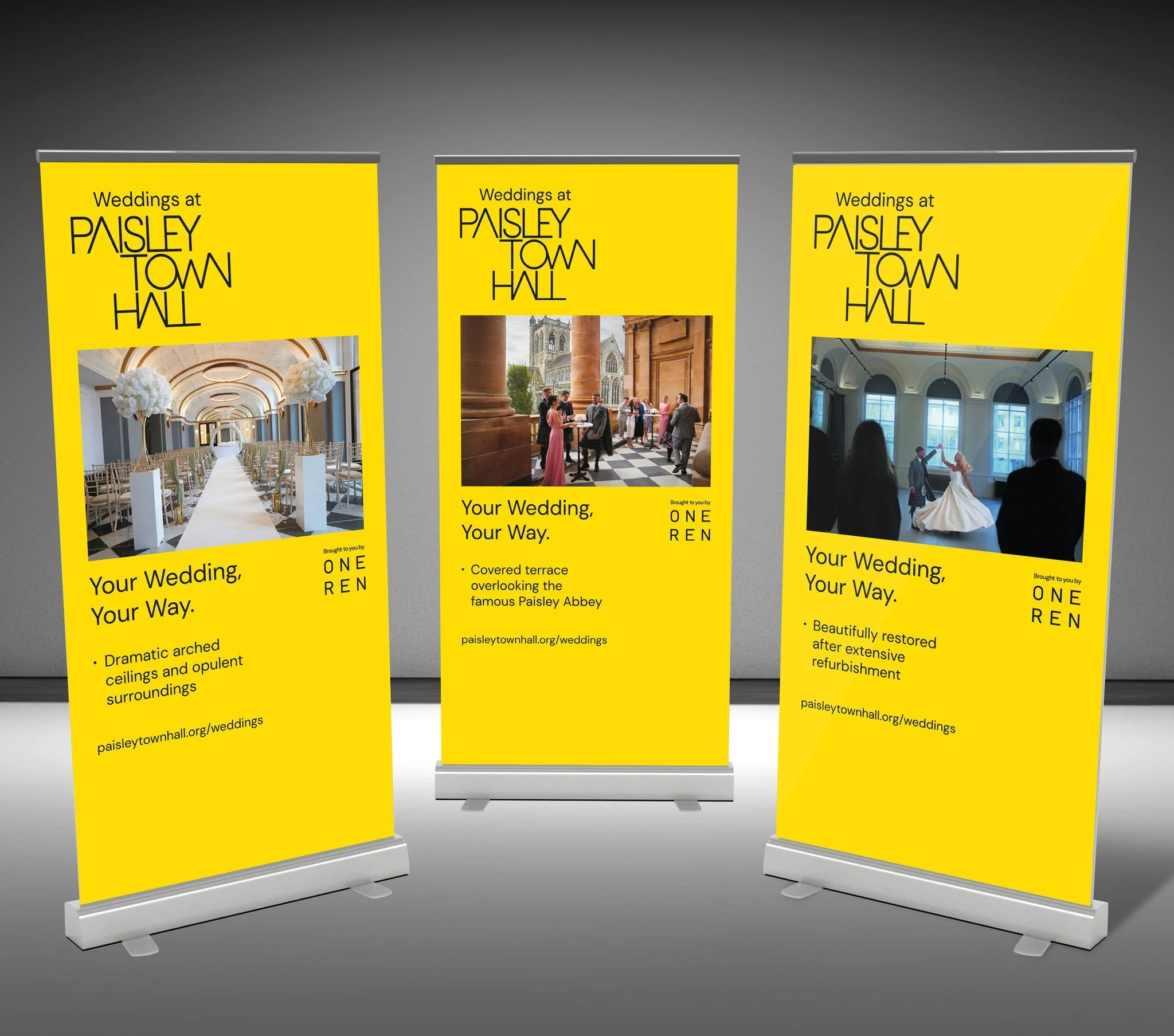 Three yellow banners advertising wedding services at Paisley Town Hall, each featuring a photo of a wedding setting and text highlighting features like opulent surroundings, views of Paisley Abbey, and restoration details.