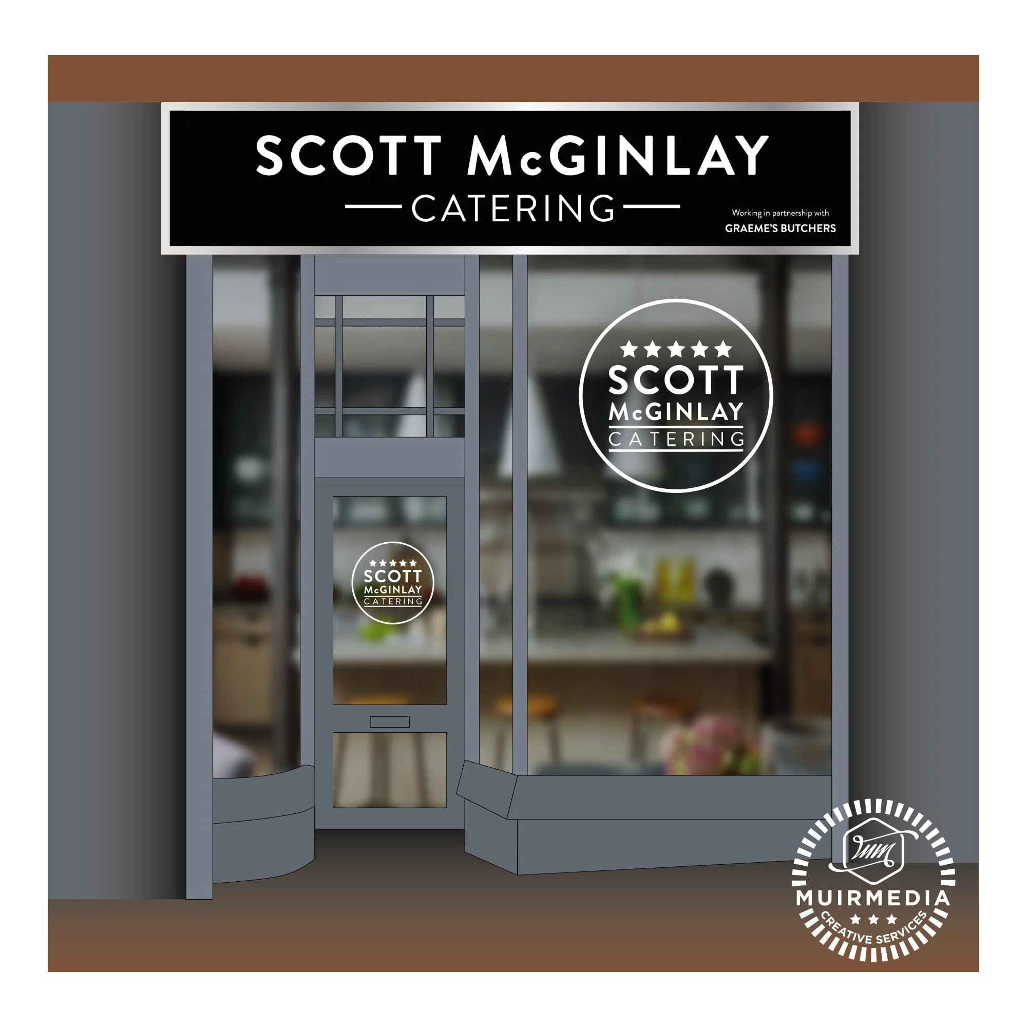 Storefront window for Scott McGinlay Catering with signage, logo, and branding details.