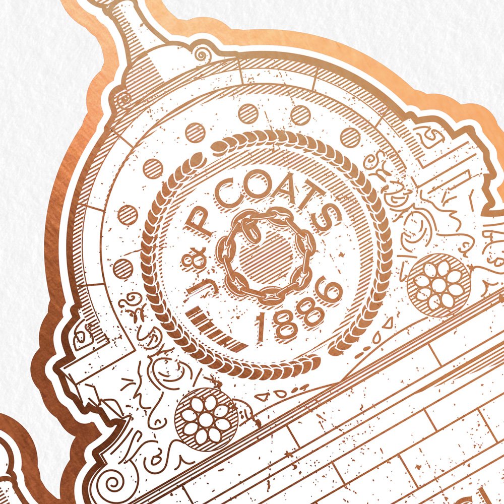 Close-up of a vintage-style drawing of a clock with the words 'J&P Coats 1886' in the center, featuring intricate decorative details and floral motifs.