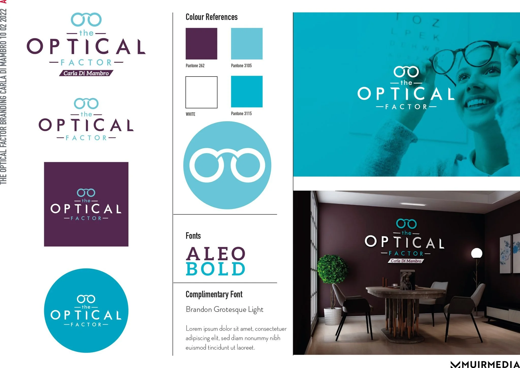 Branding board for 'The Optical Factor,' featuring logo variations, color references, font choices, and sample images showing a logo with eyeglasses icon and text, applied in a modern interior space with logo wall display.