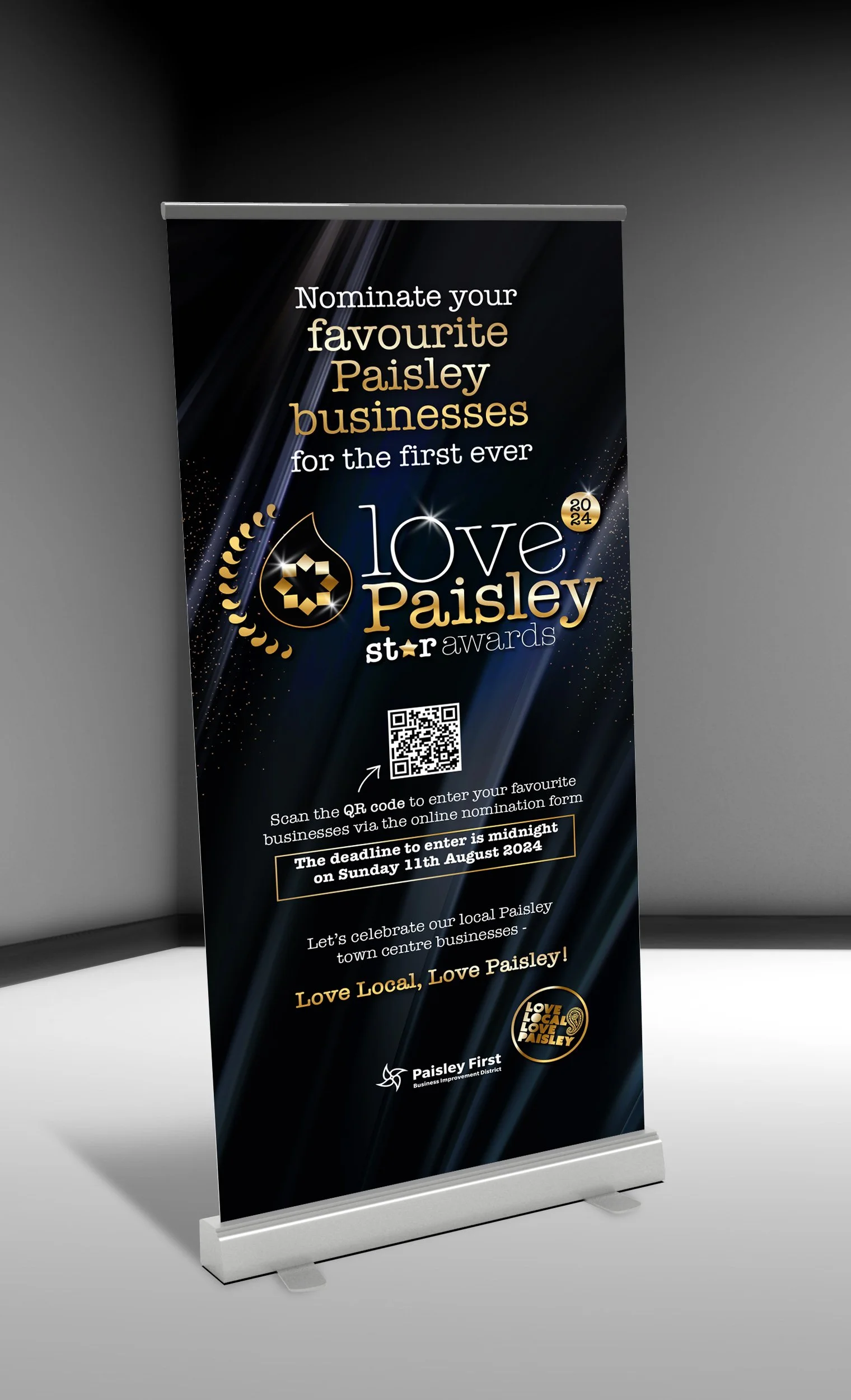 A vertical banner promoting the Love Paisley Awards, encouraging nominations for favorite Paisley businesses with a QR code for online entry, deadline August 11, 2024, with the tagline "Love Local, Love Paisley!" and the Paisley First logo.