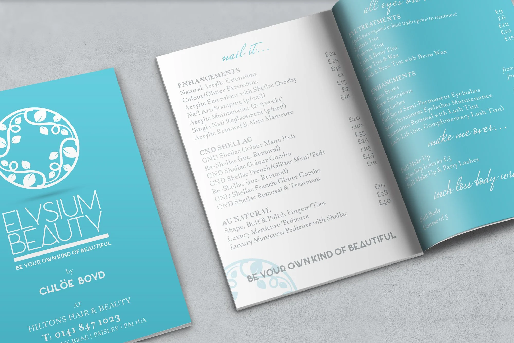 Open beauty service menu and a brochure for Elysium Beauty, a beauty salon, showing services, prices, and branding in blue and white.