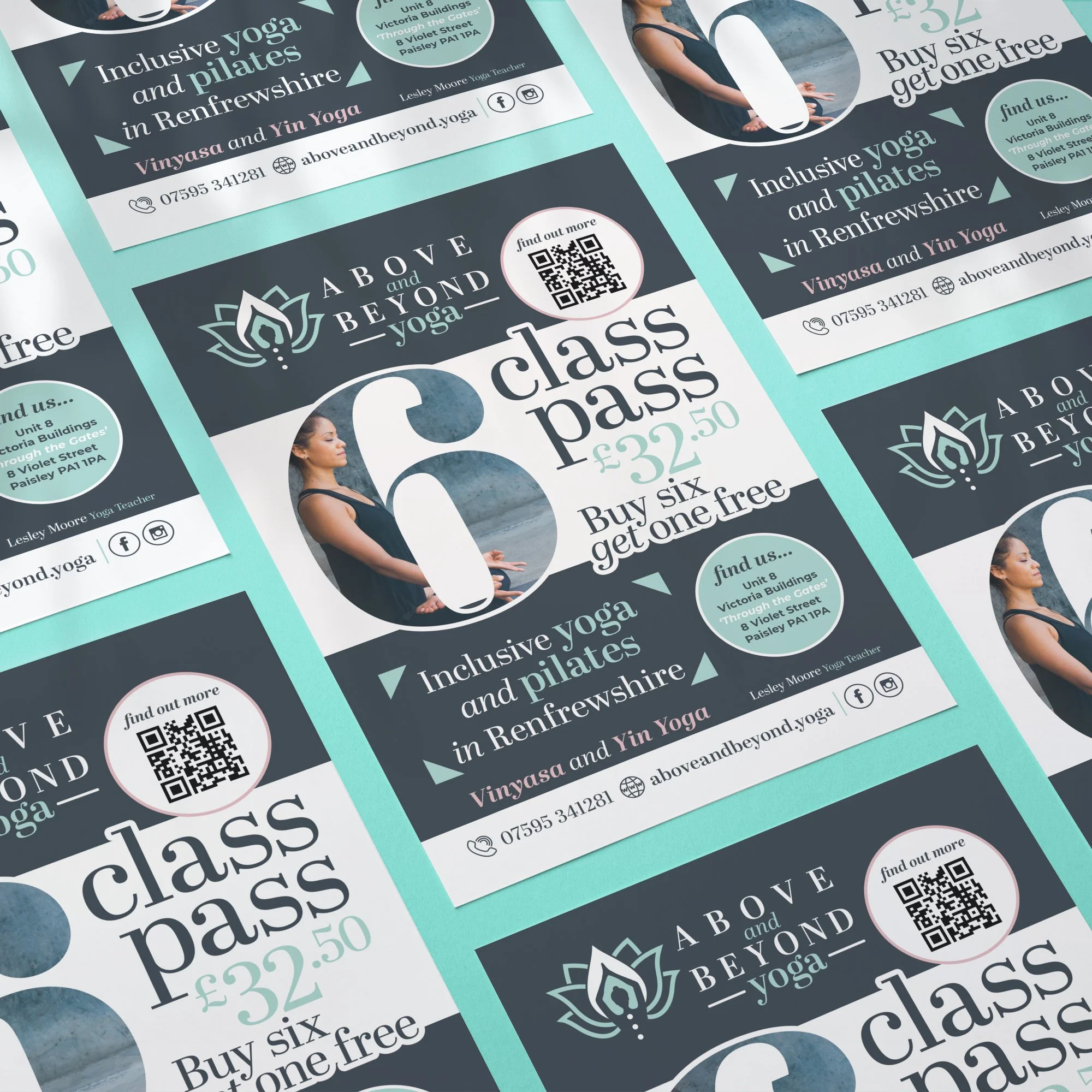 Flyer advertisement for yoga and Pilates classes at About and Beyond Yoga, including a special offer for multiple class passes, a QR code for more information, contact details, and an image of a woman practicing yoga.