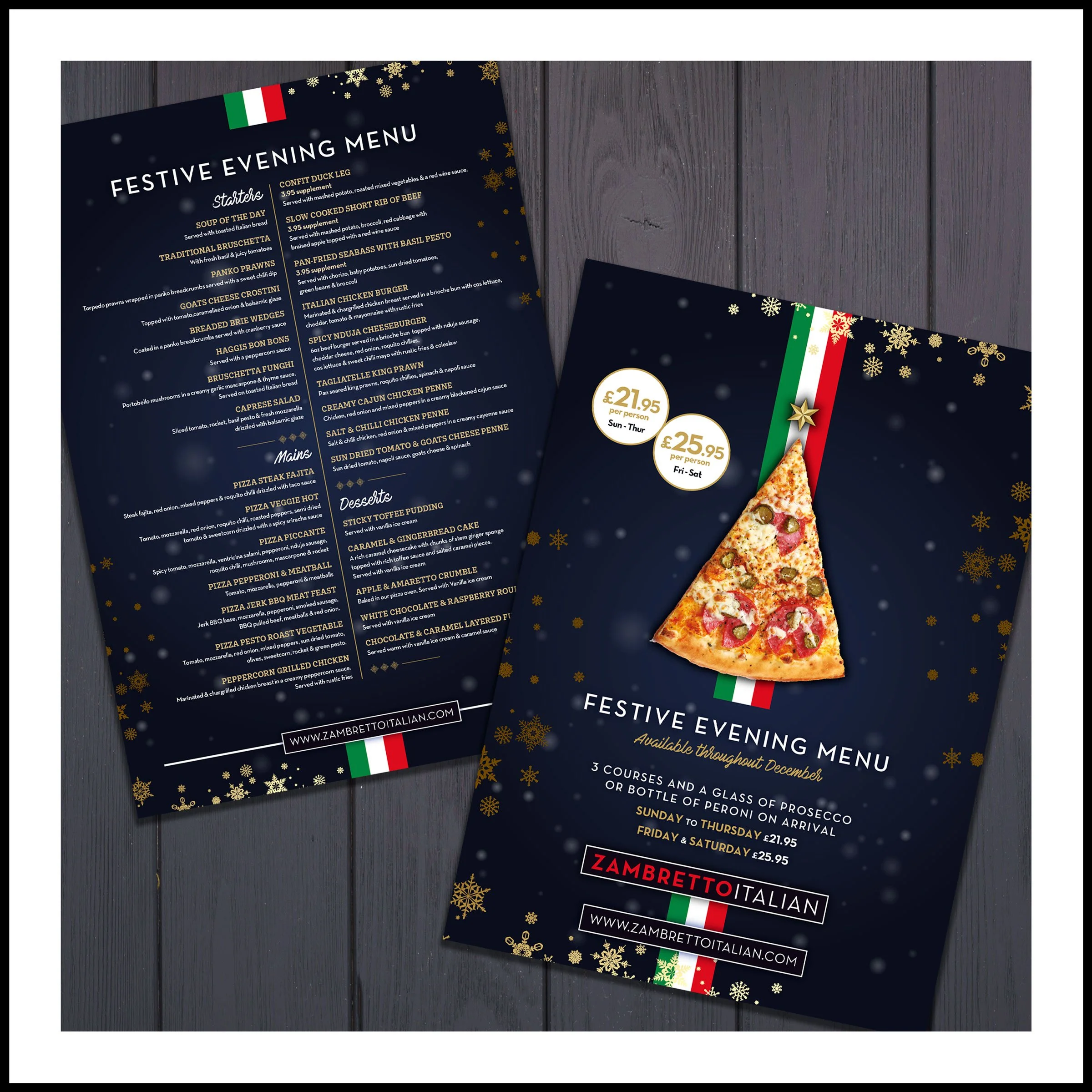 Two festive dinner menus from Zambretto Italian restaurant, featuring an image of a pizza slice on a dark blue background decorated with gold snowflakes, with prices and details about the holiday special offers.