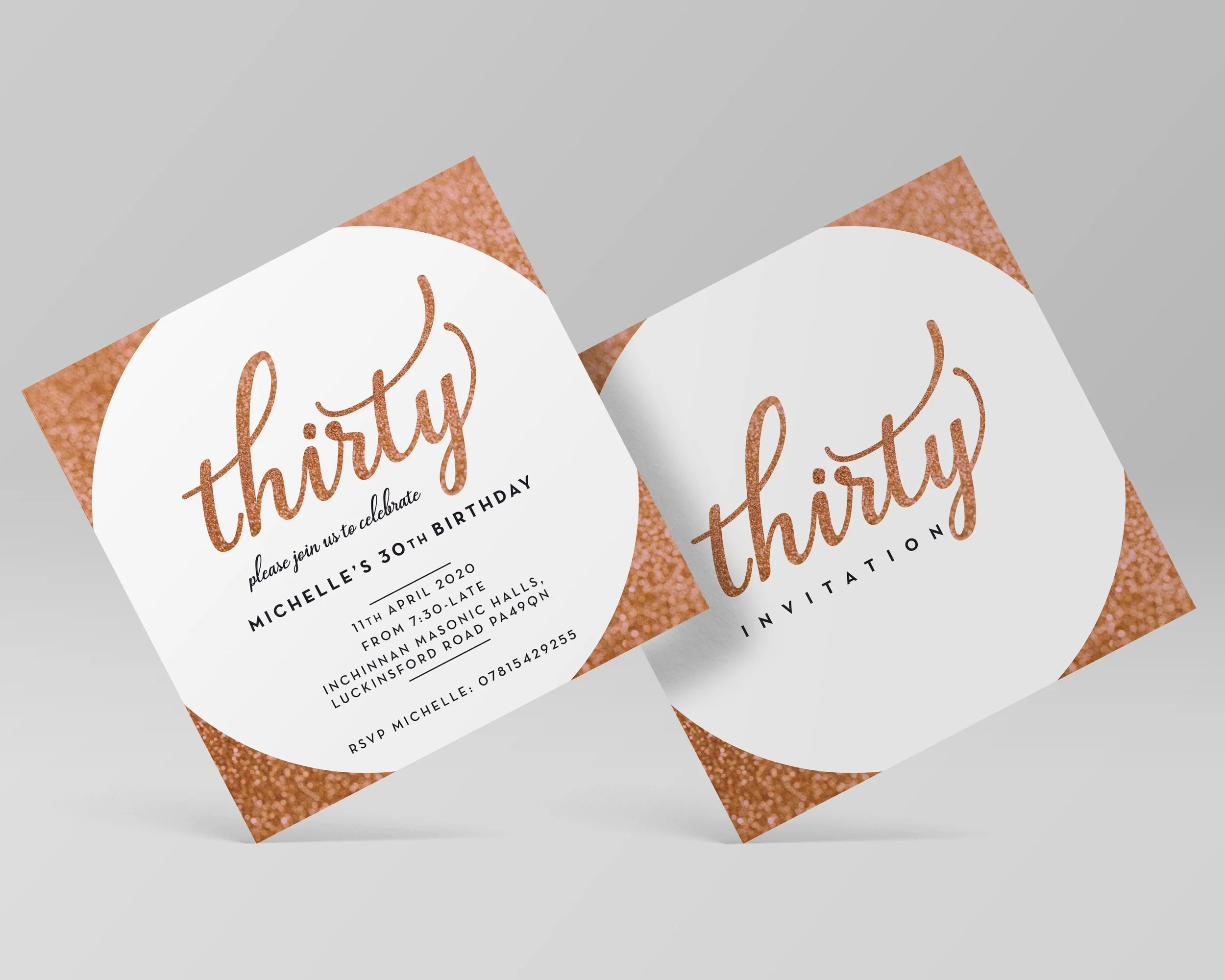 Square birthday invitation card with glittery pink corners and white center, featuring the word 'thirty' in large cursive font, and details for Michelle's 30th birthday celebration.