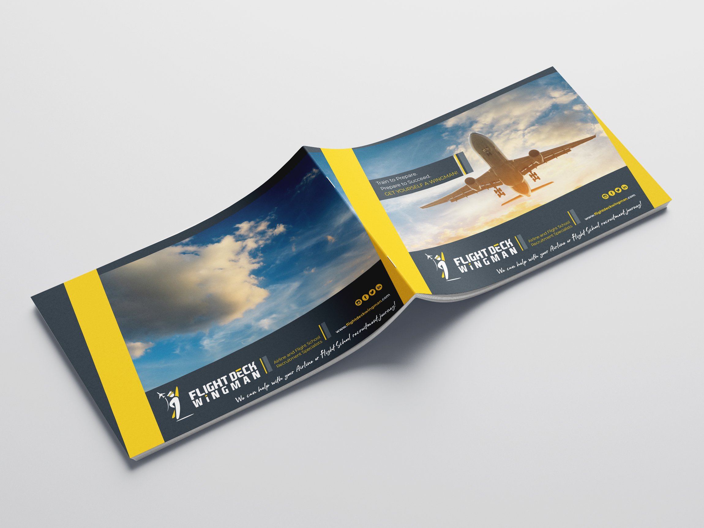 Brochure for Flight Deck Wingman showing an airplane in flight at sunset.