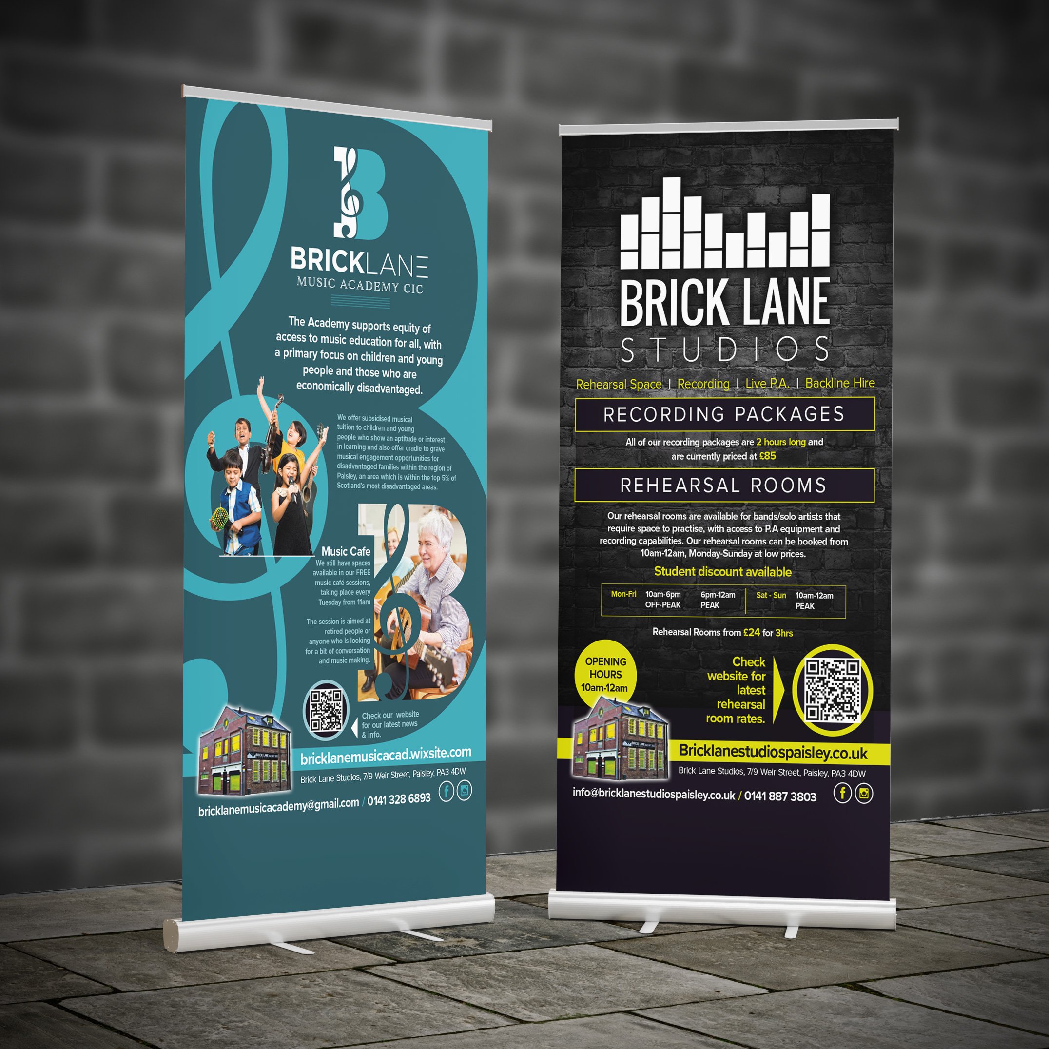 Two vertical banners for Brick Lane Studios and Forge, promoting music education and rehearsal spaces, with text details, QR codes, and images of children and a senior woman playing guitar.