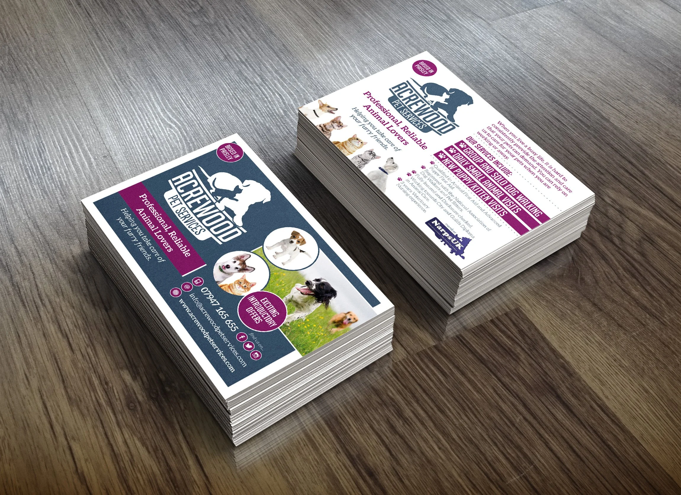 Two stacks of flyers for Ace Wwood Pet Services on a wooden table. The flyers feature images of various dogs and cats, with text promoting their pet care services, including dog walking, veterinary visits, and pet sitting.